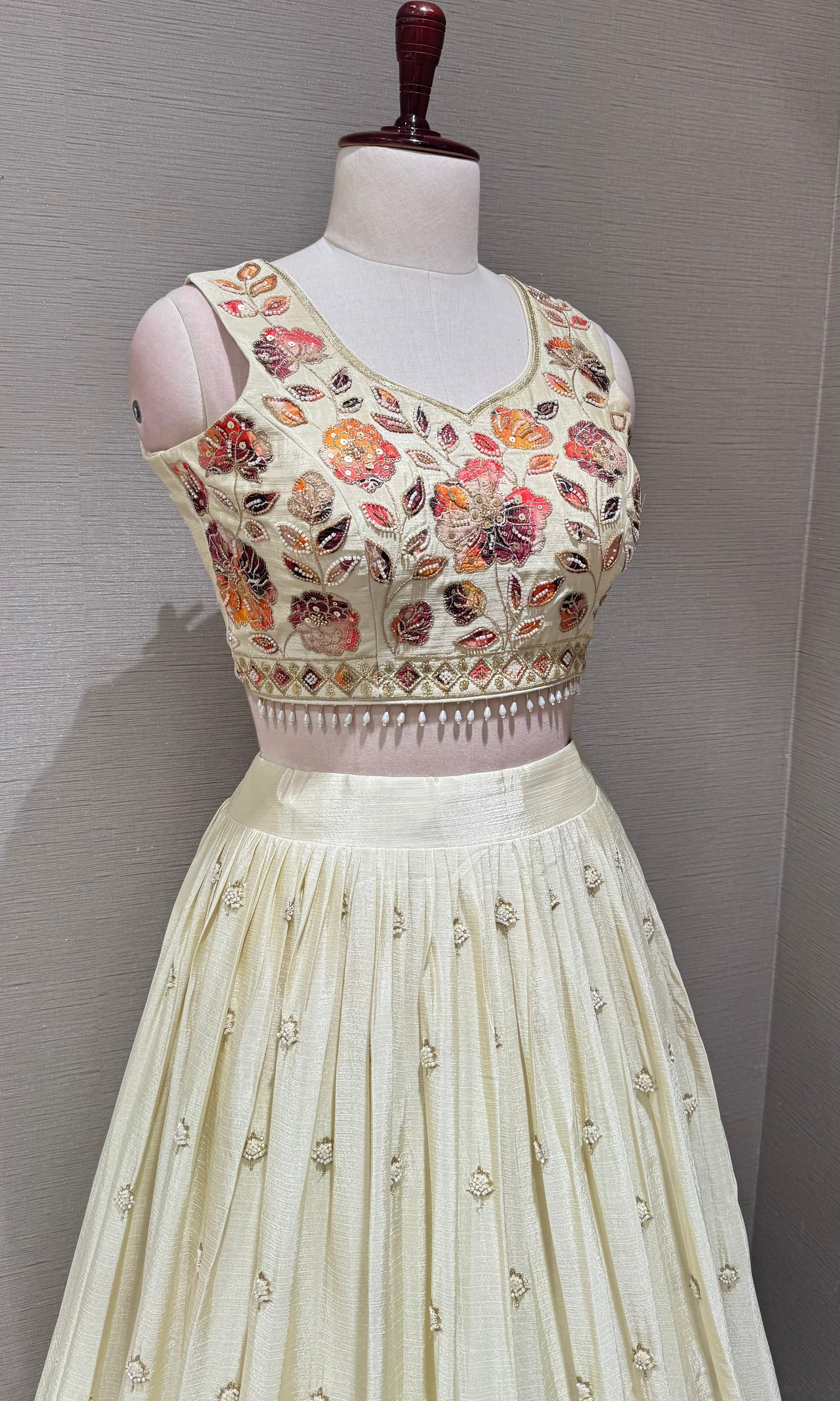 Cream Tissue silk Multi Floral Crop Top Lehenga set