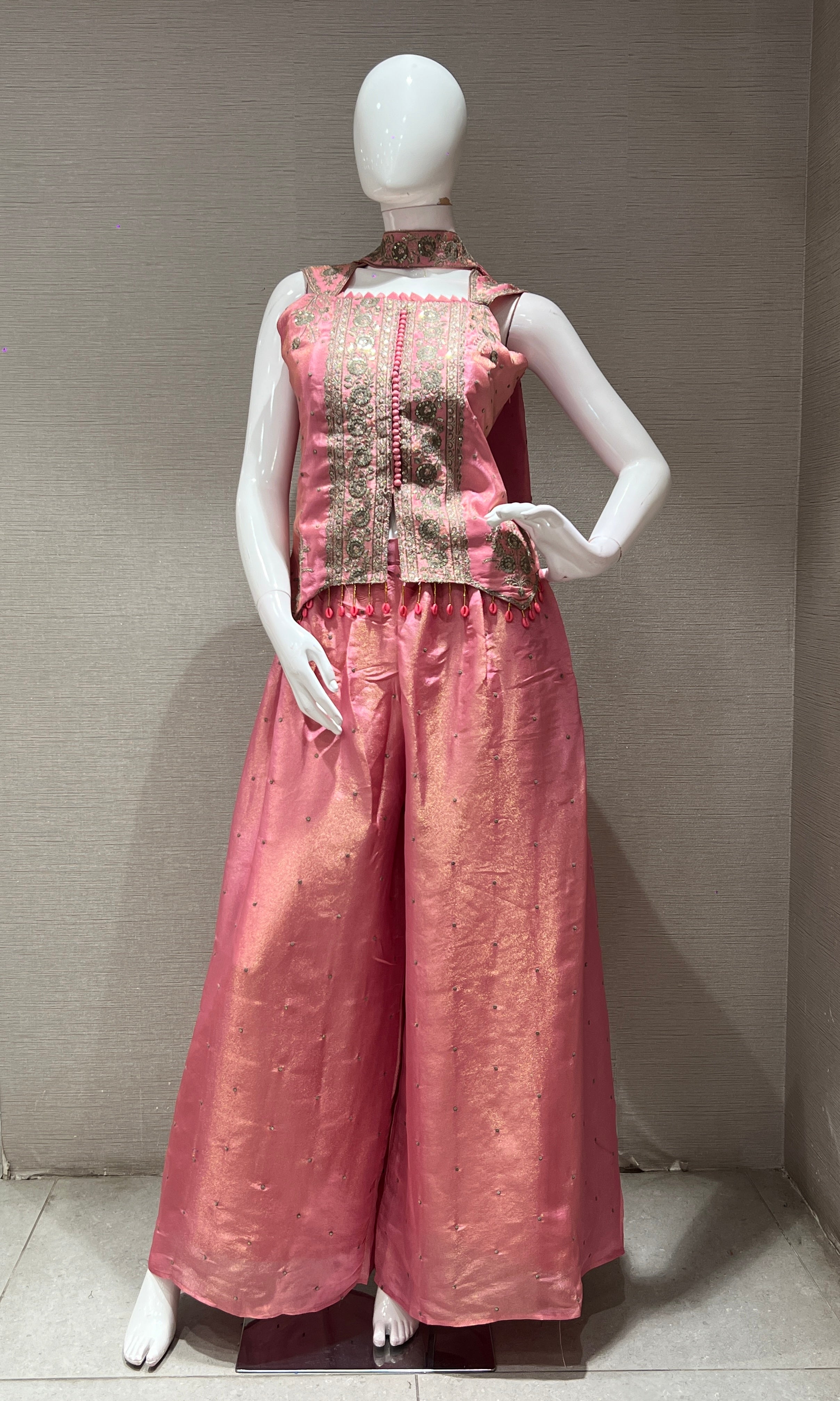 Pink shimmer tissue short blouse Palazzo set