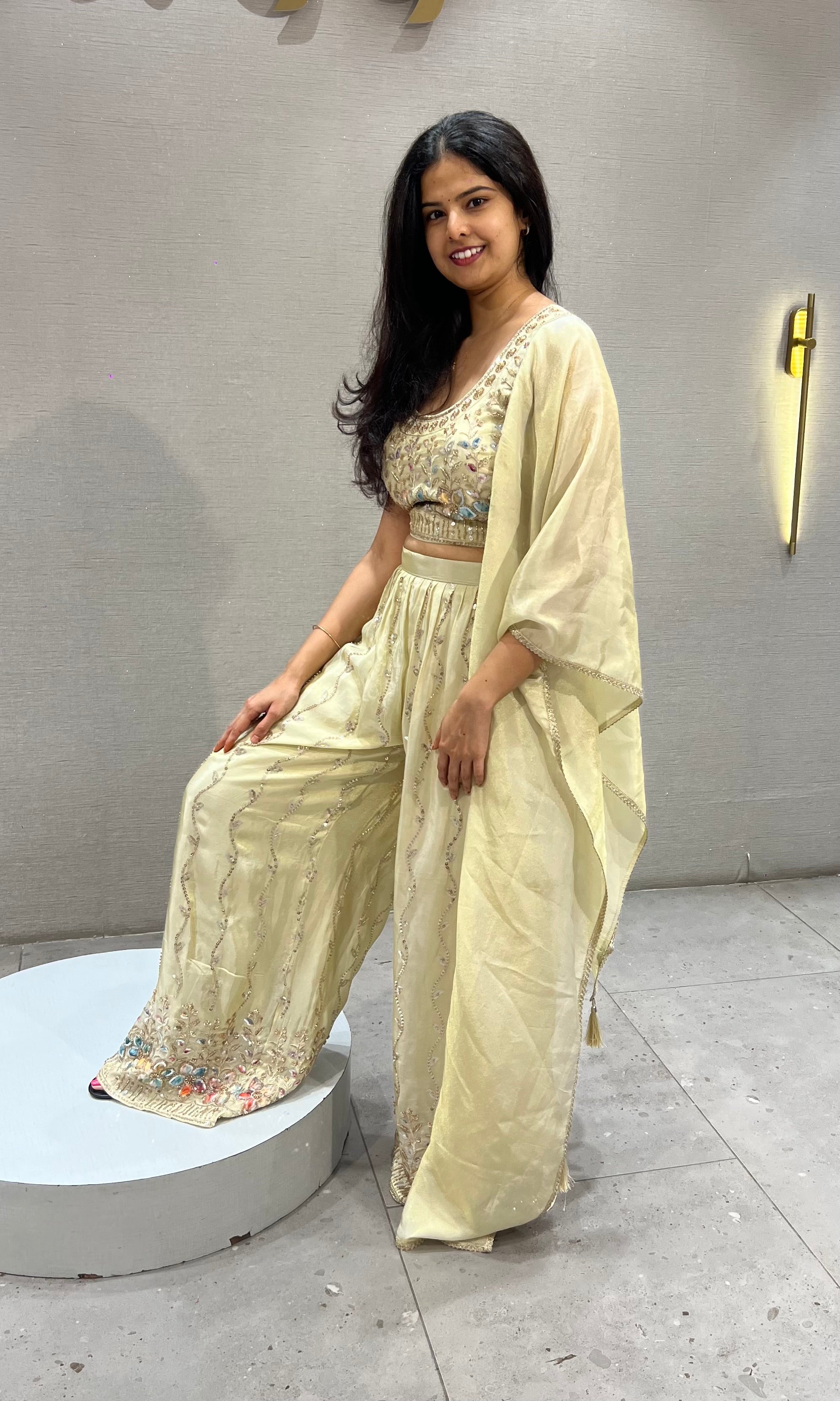 Half white Embroidered Tissue silk Crop Top Palazzo Set with Dupatta