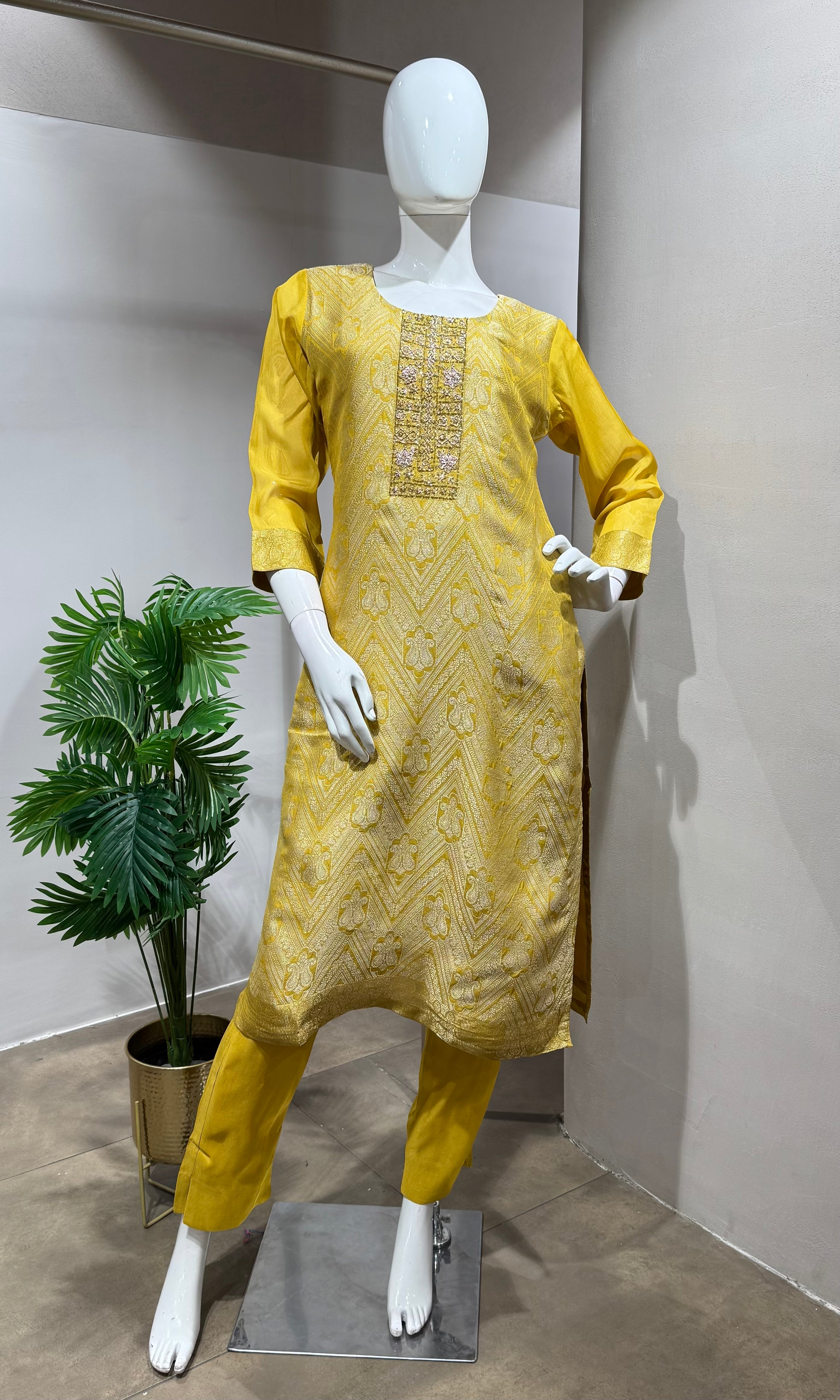 Yellow Chanderi Silk Embroidered Kurta Set