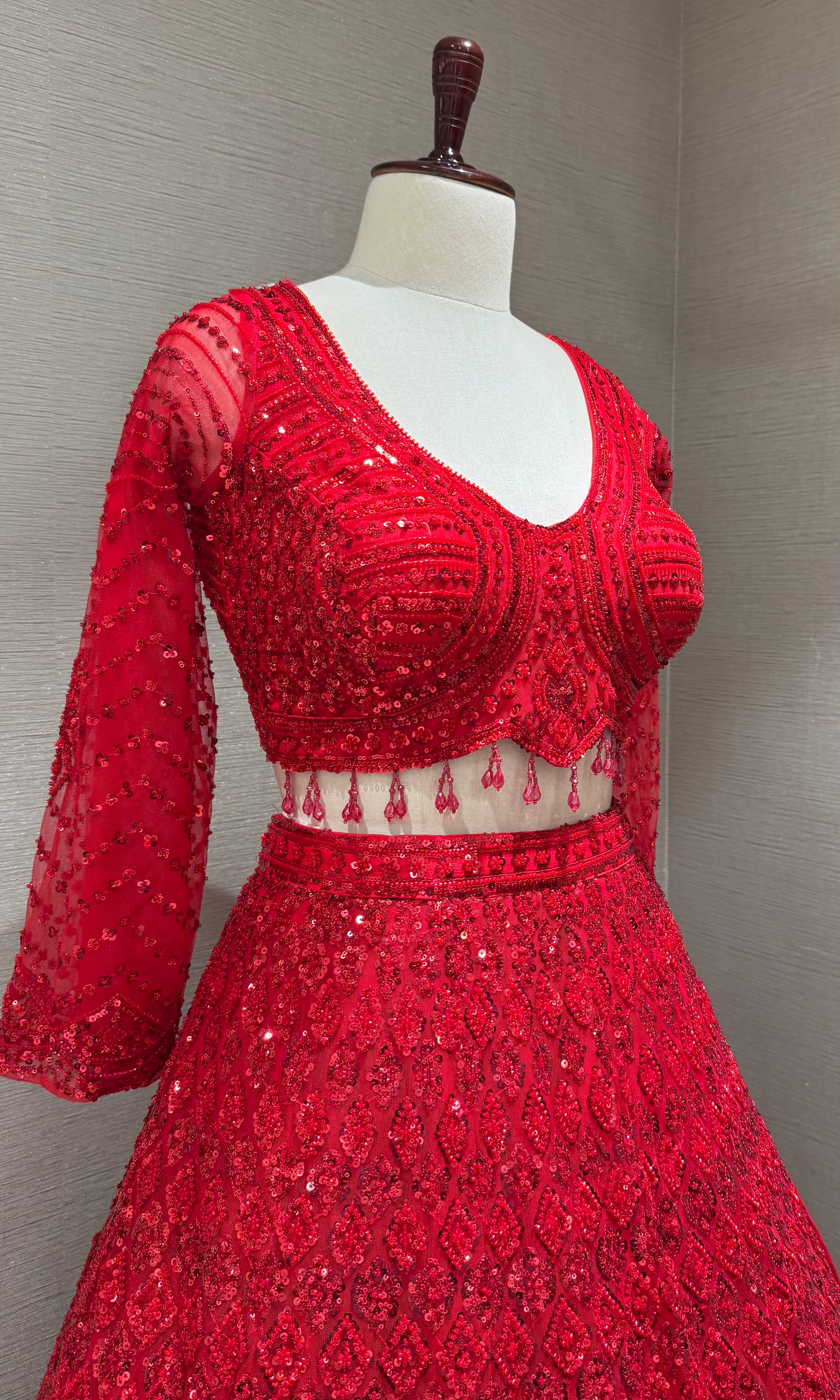 Ruby Red Embellished Lehenga Choli with Sequin Net Dupatta