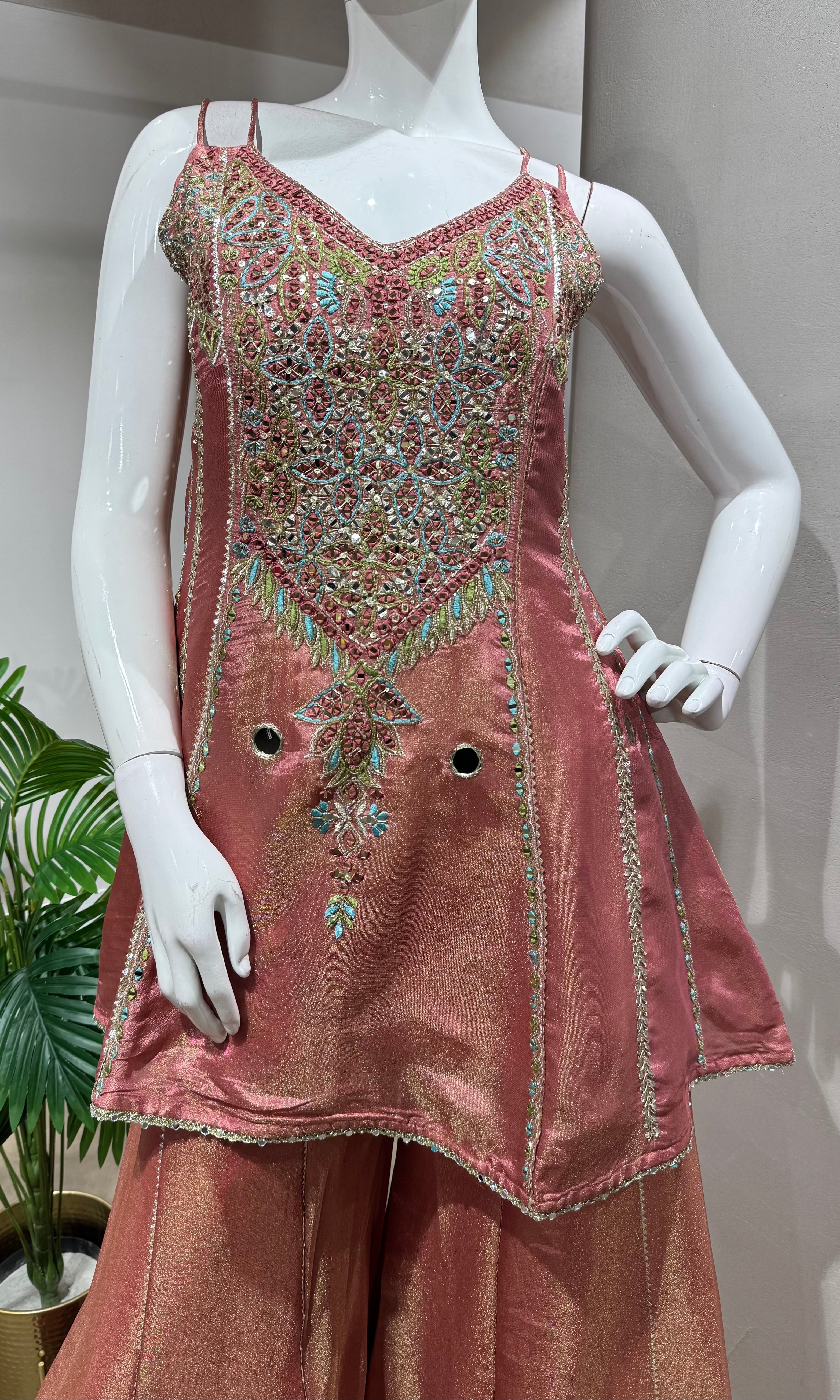 peach embroidered Tissue Sharara Set