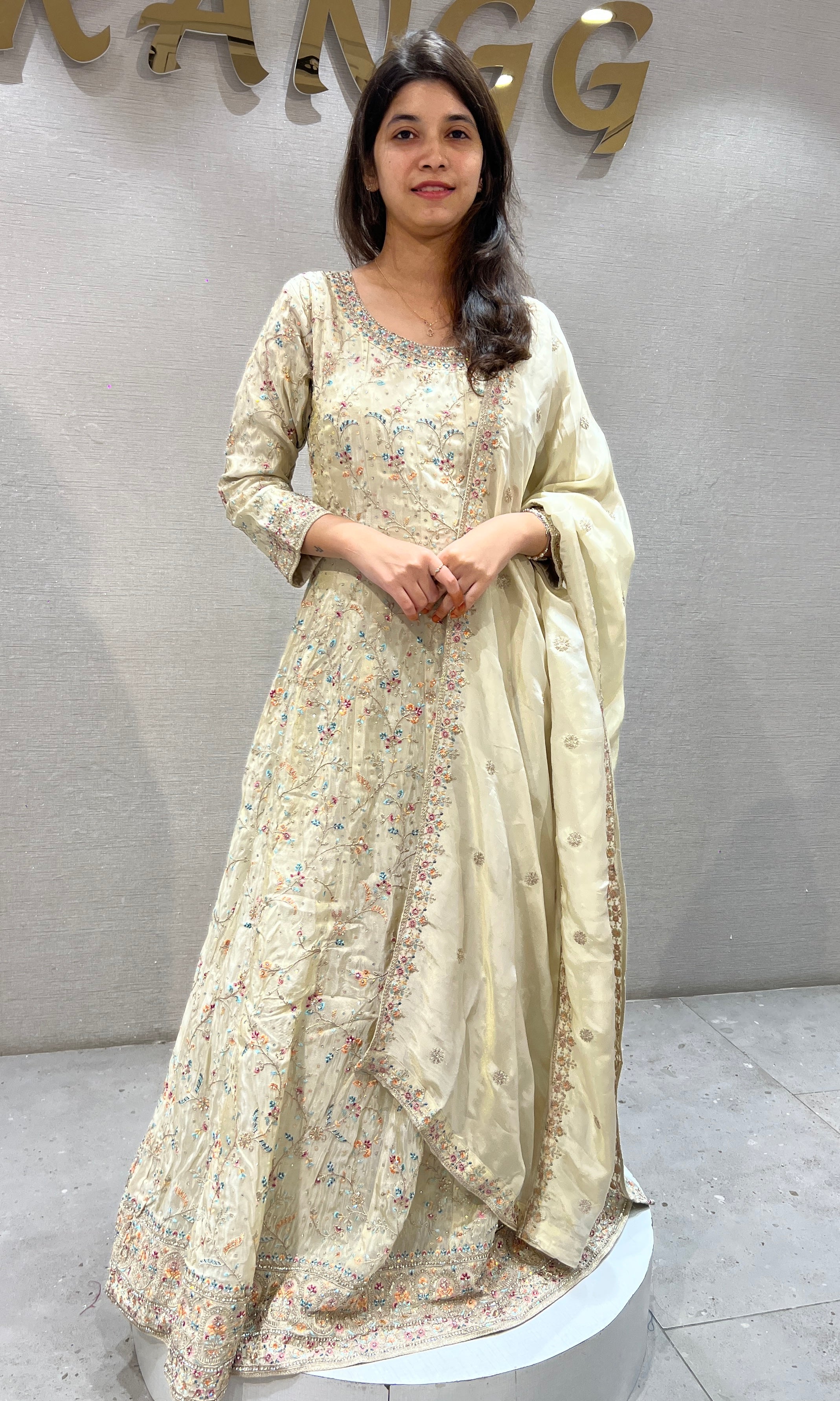 Cream Sequins and Beads Anarkali set with Dupatta
