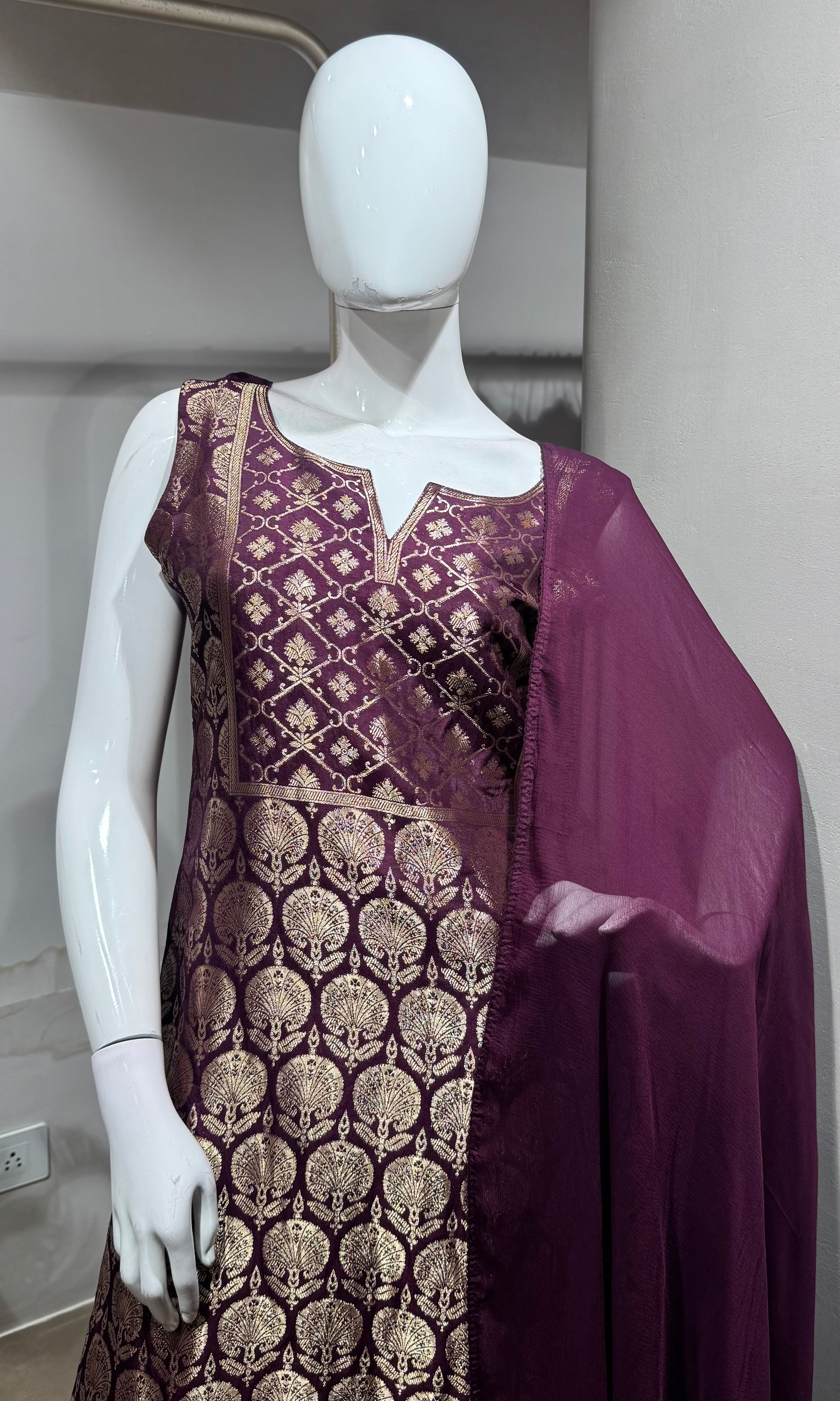 Wine golden banarasi kurta set
