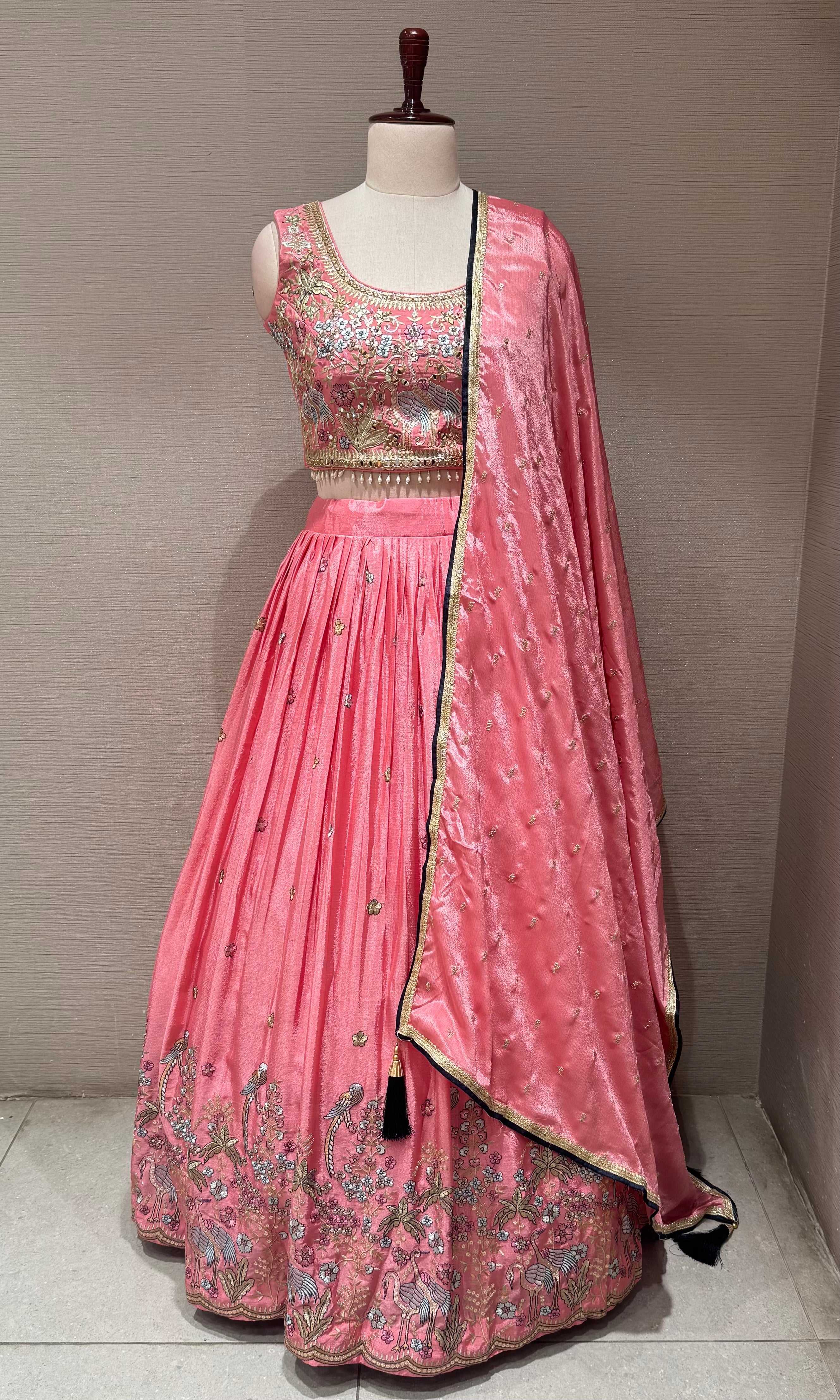 blush Pink Tissue silk Forest Floral Lehenga set
