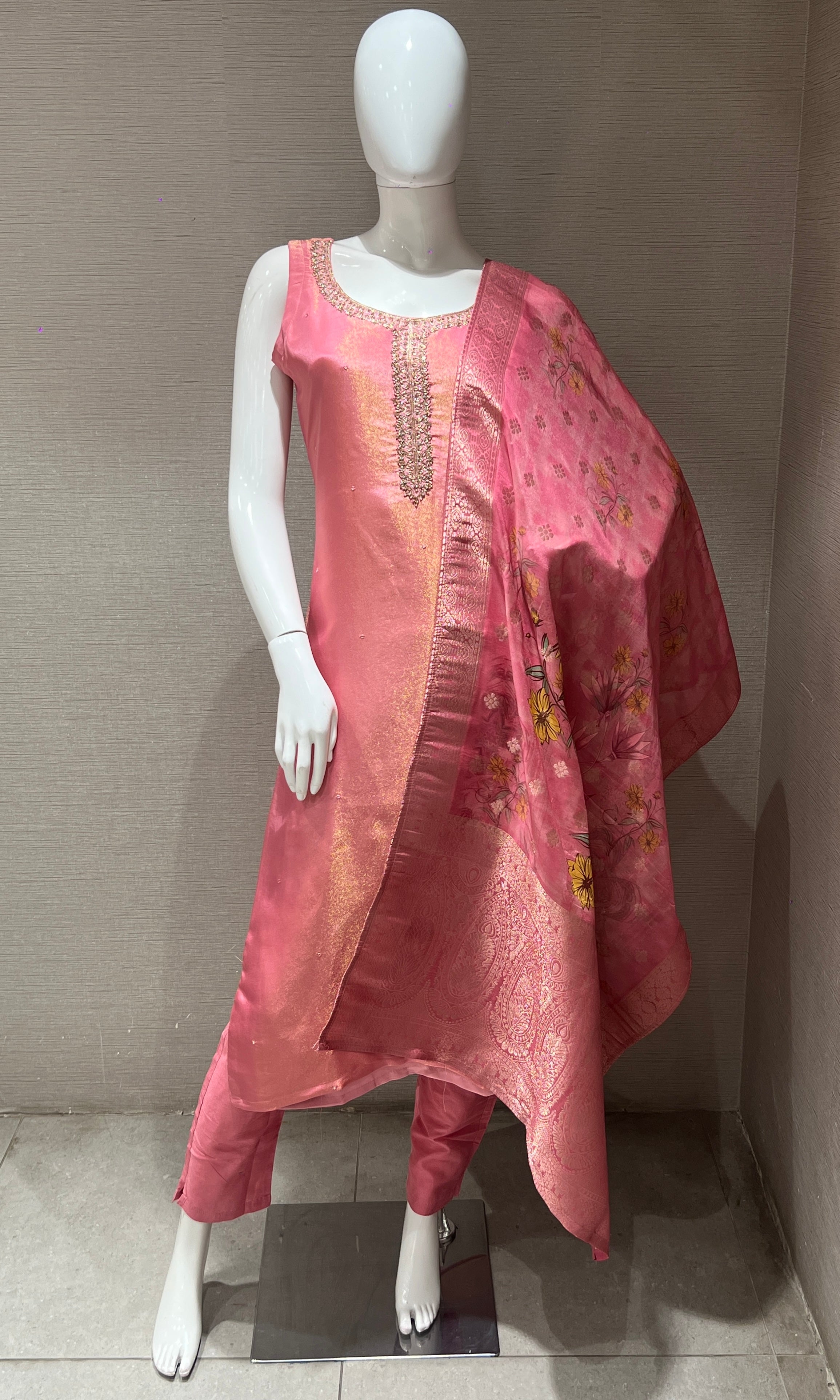 rose pink shimmer silk kurta set