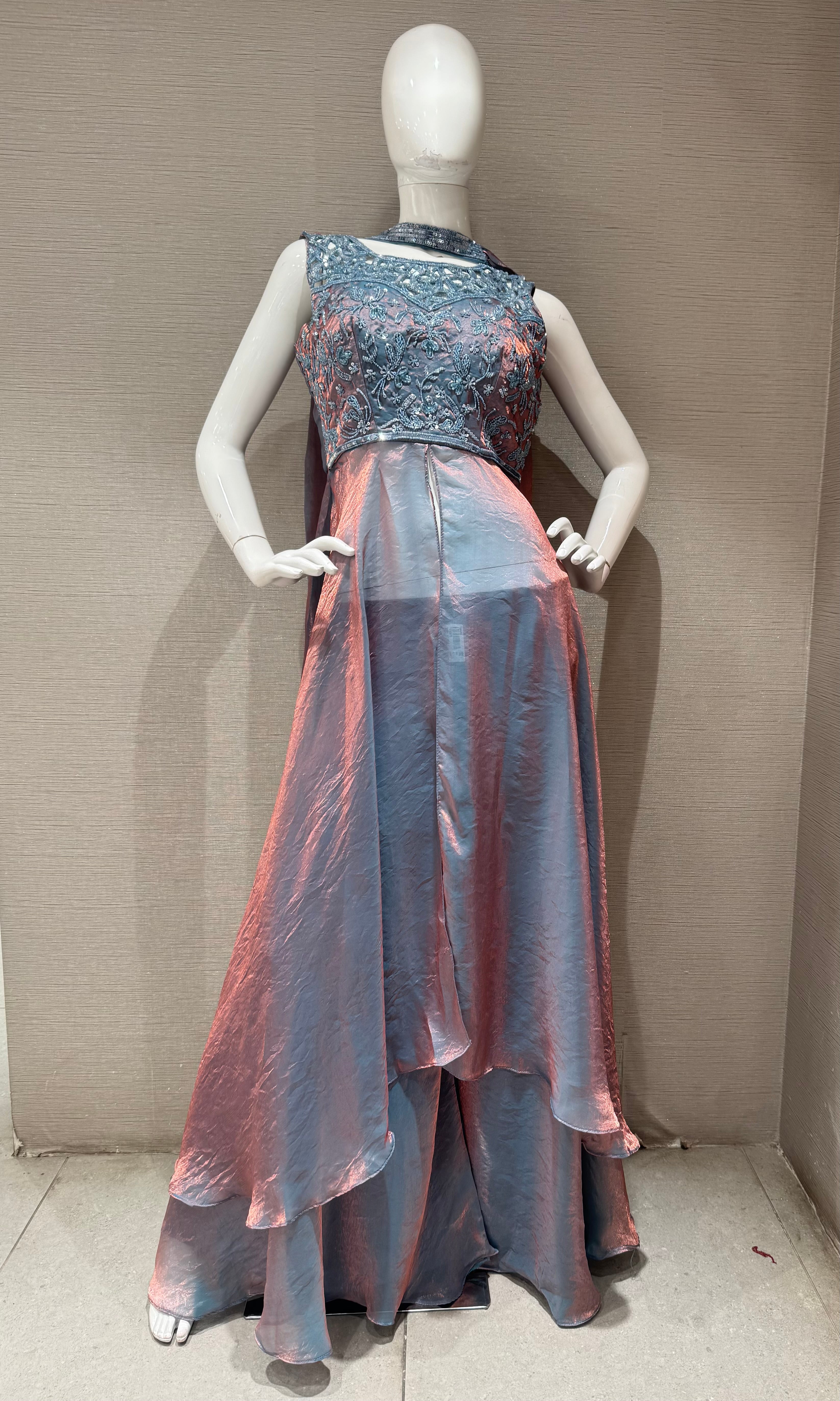 Blue shimmer front slit anarkali palazzo set