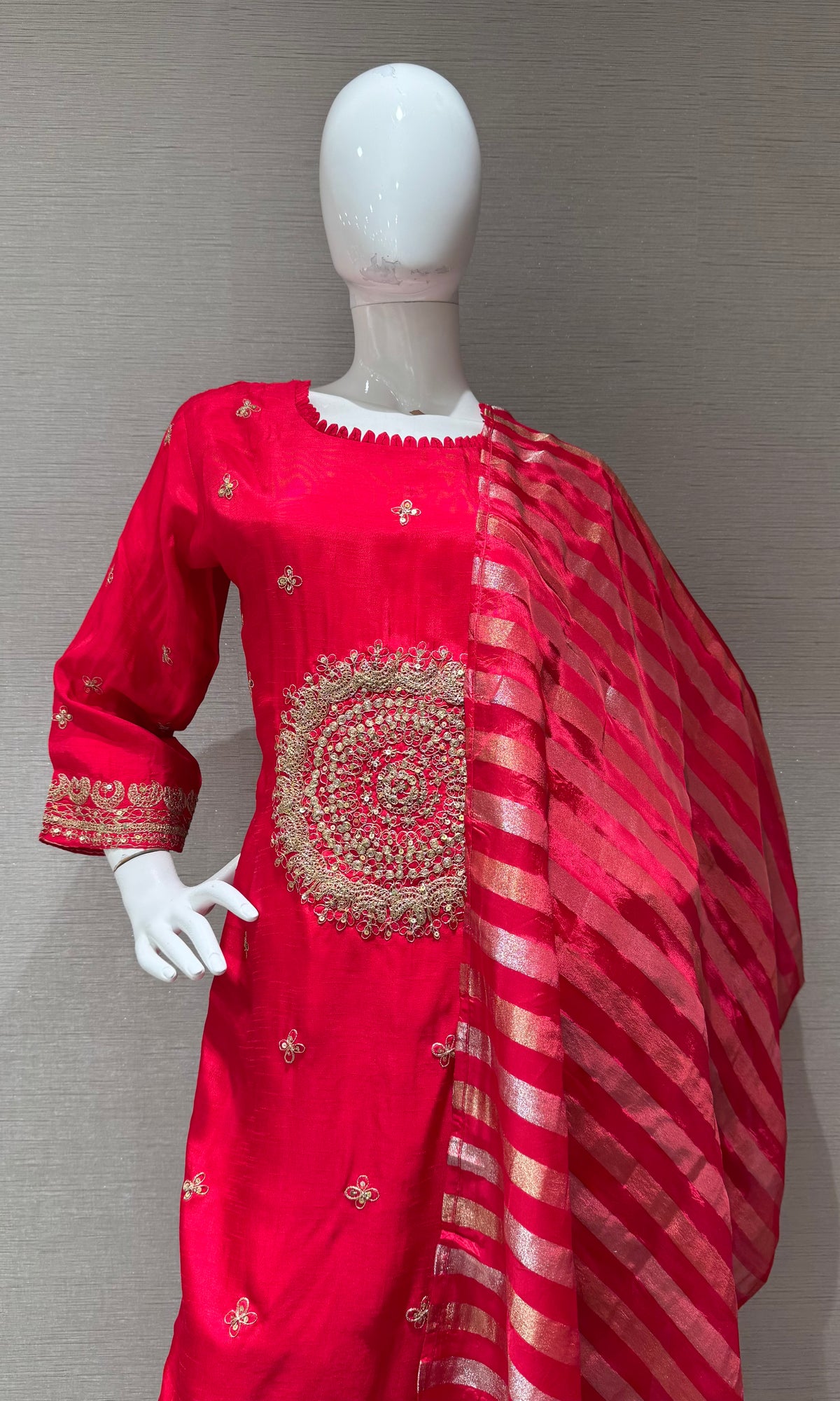 Red Elegance silk Kurta Set with Striped Dupatta