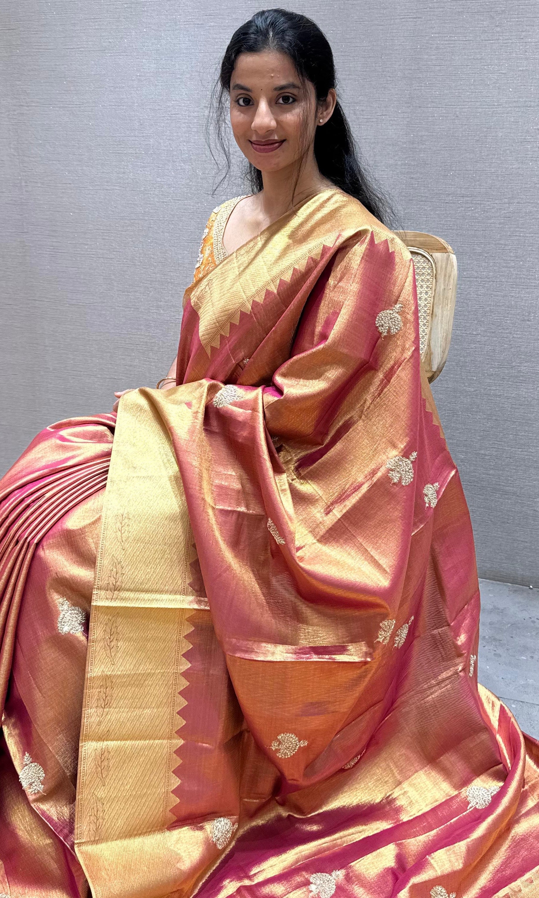 Rust orange and gold saree with ready blouse