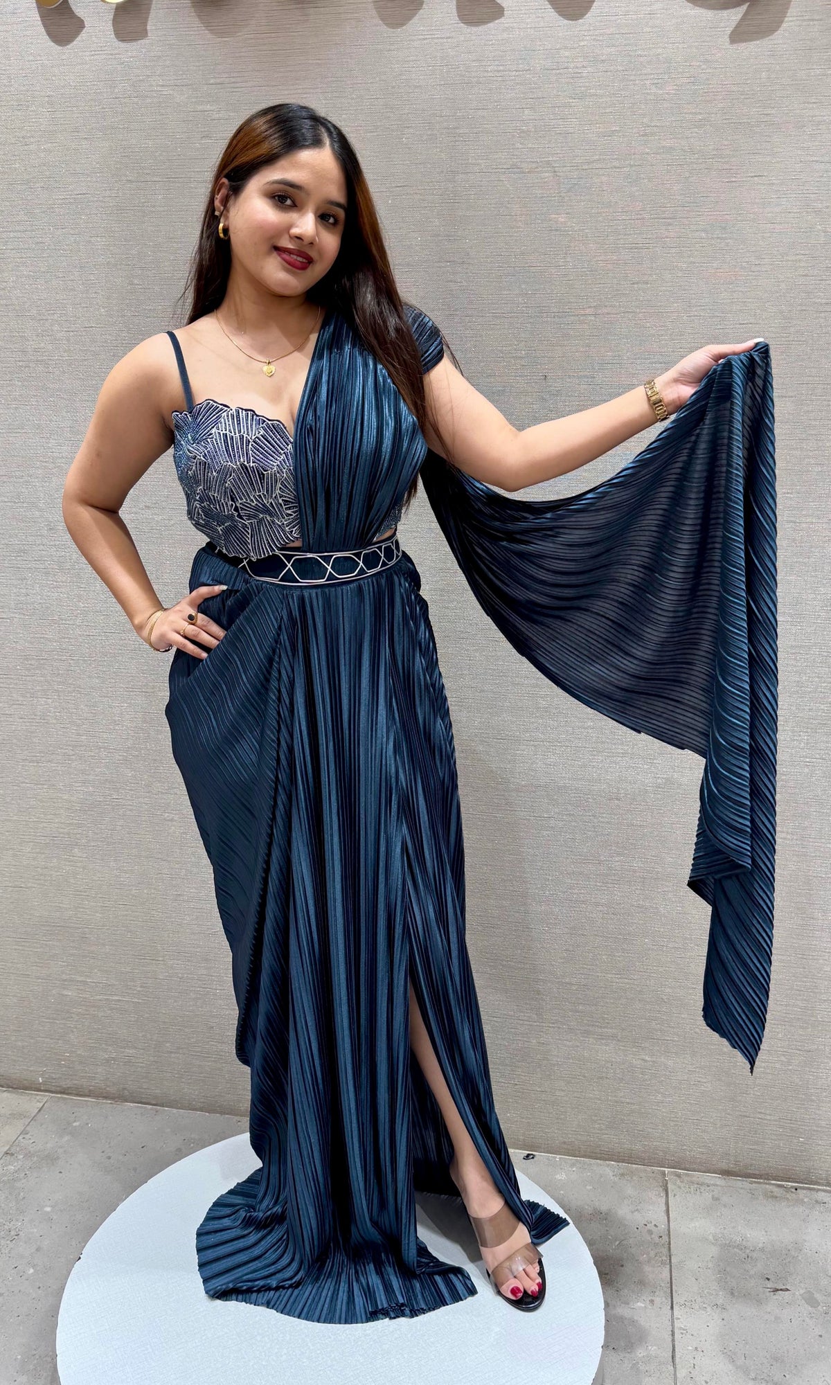 Peacock blue drape saree with Cape