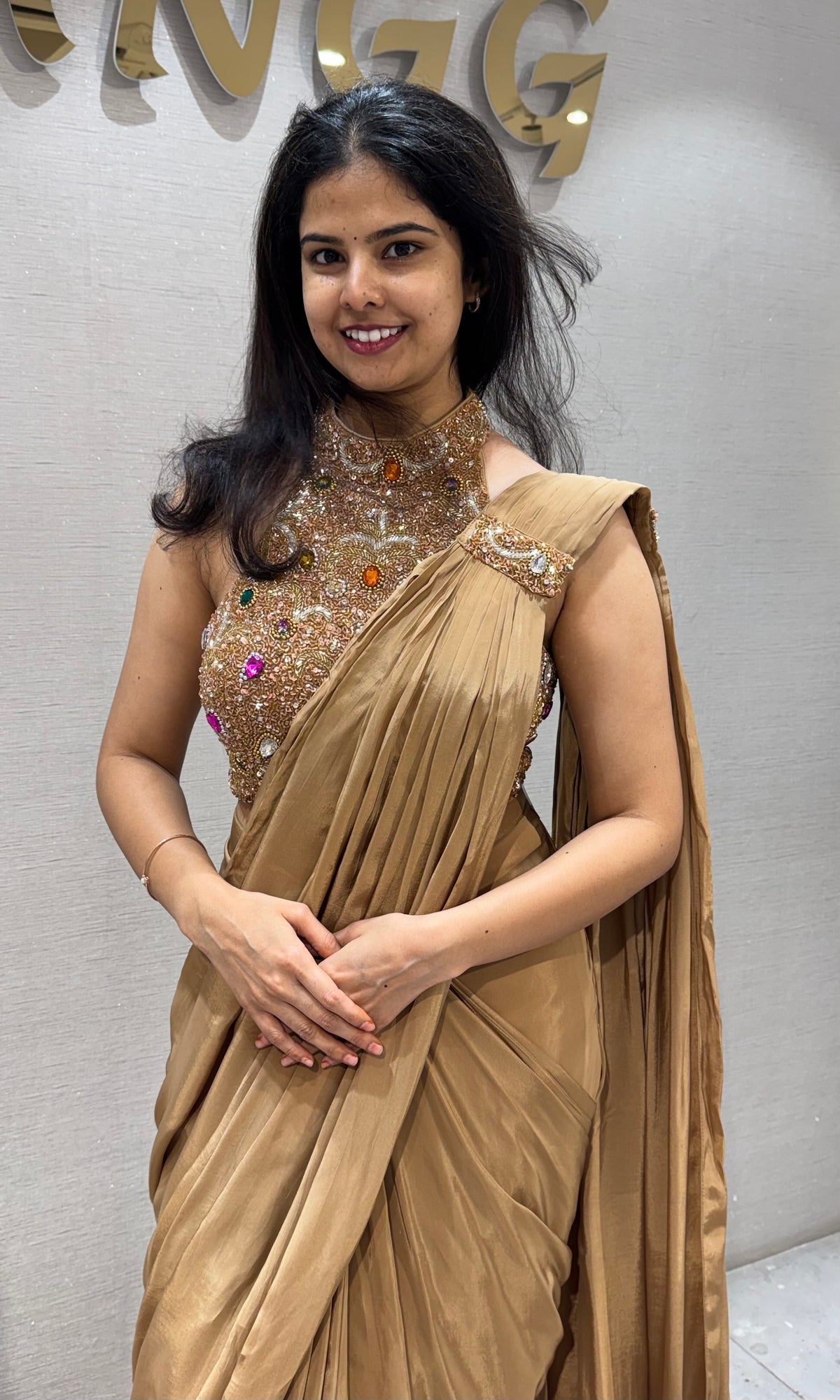 Gold Silk Saree with Floral Embellished Stone Blouse