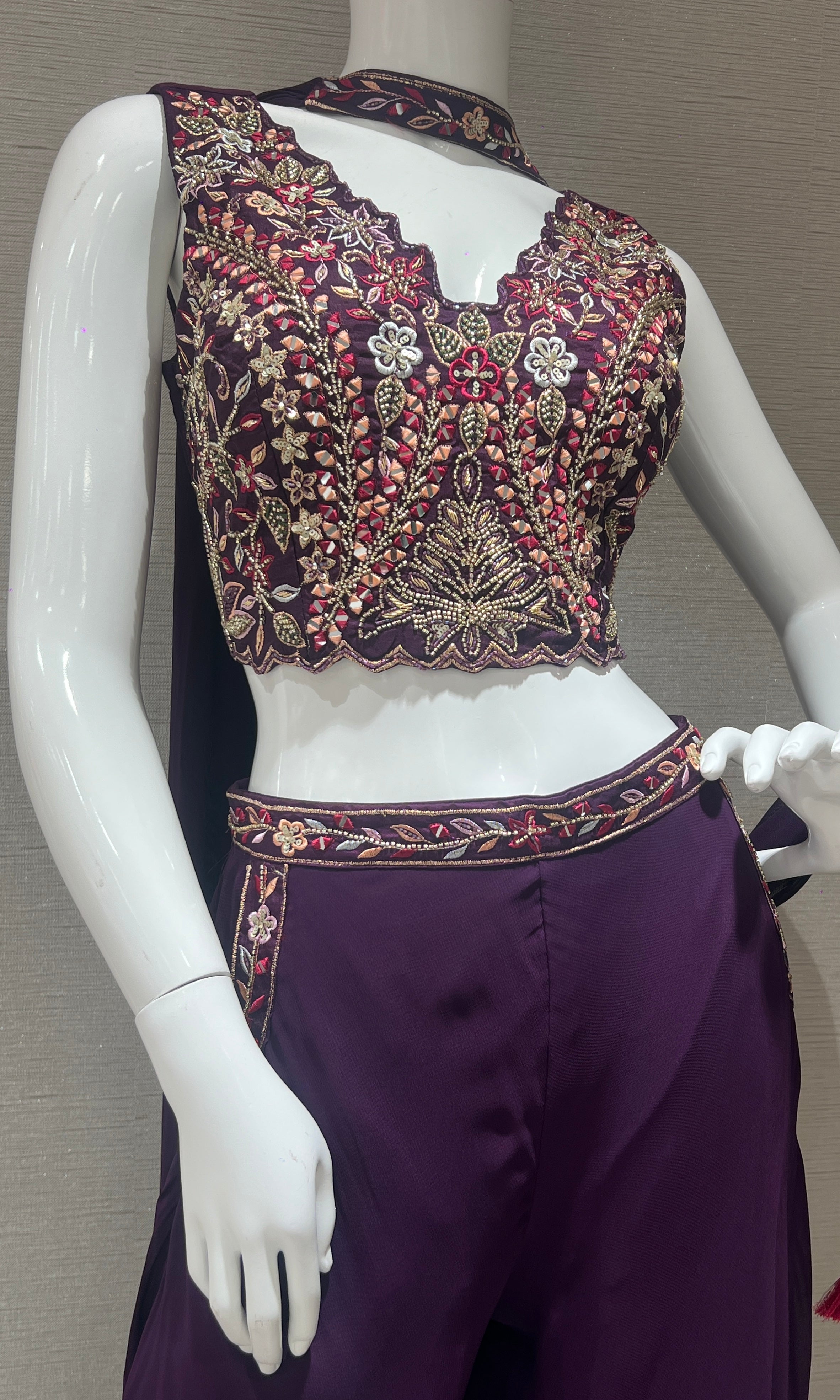 Wine palazzo set with neck dupatta