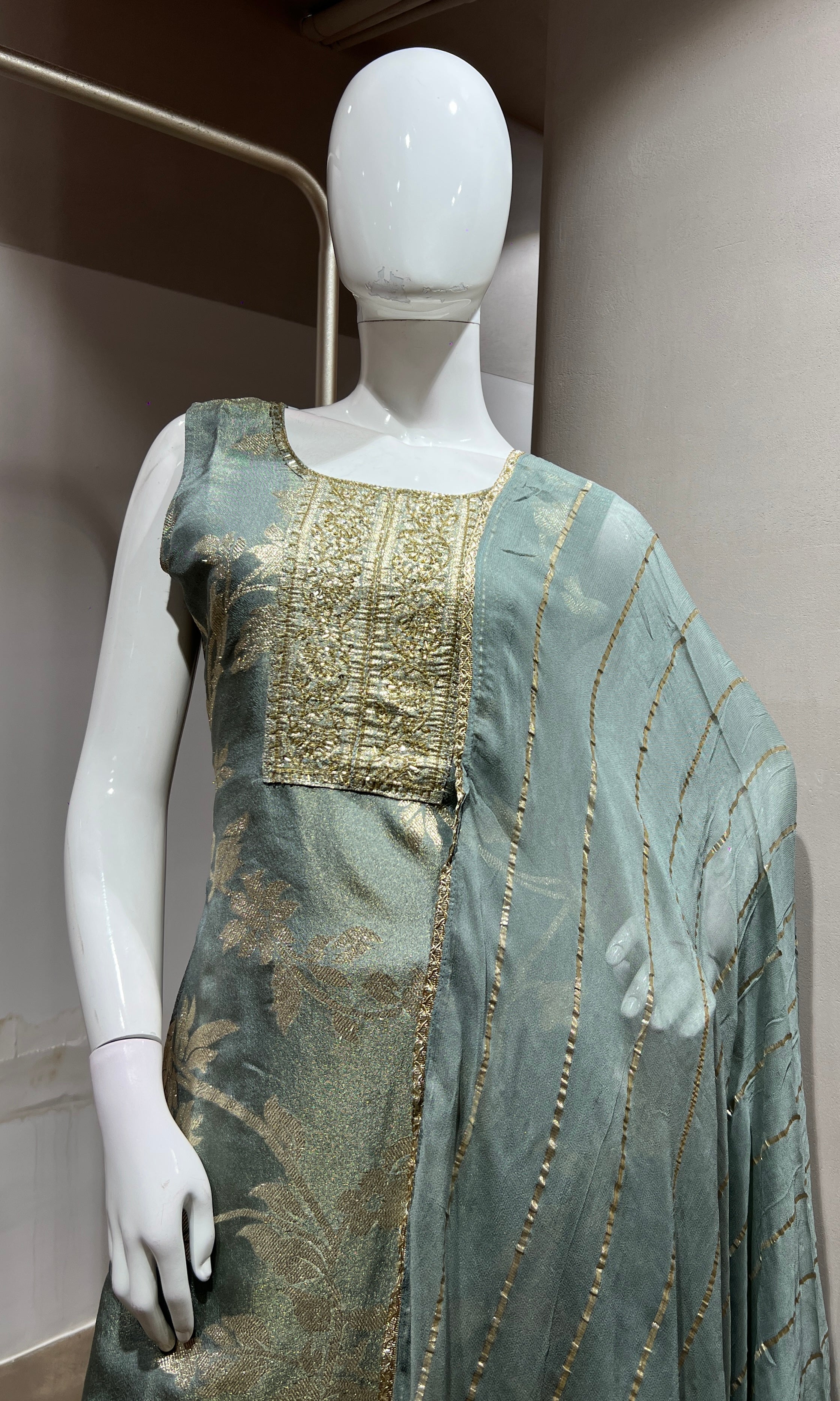 Grey Embroidered Kurta Set with Shimmer Dupatta