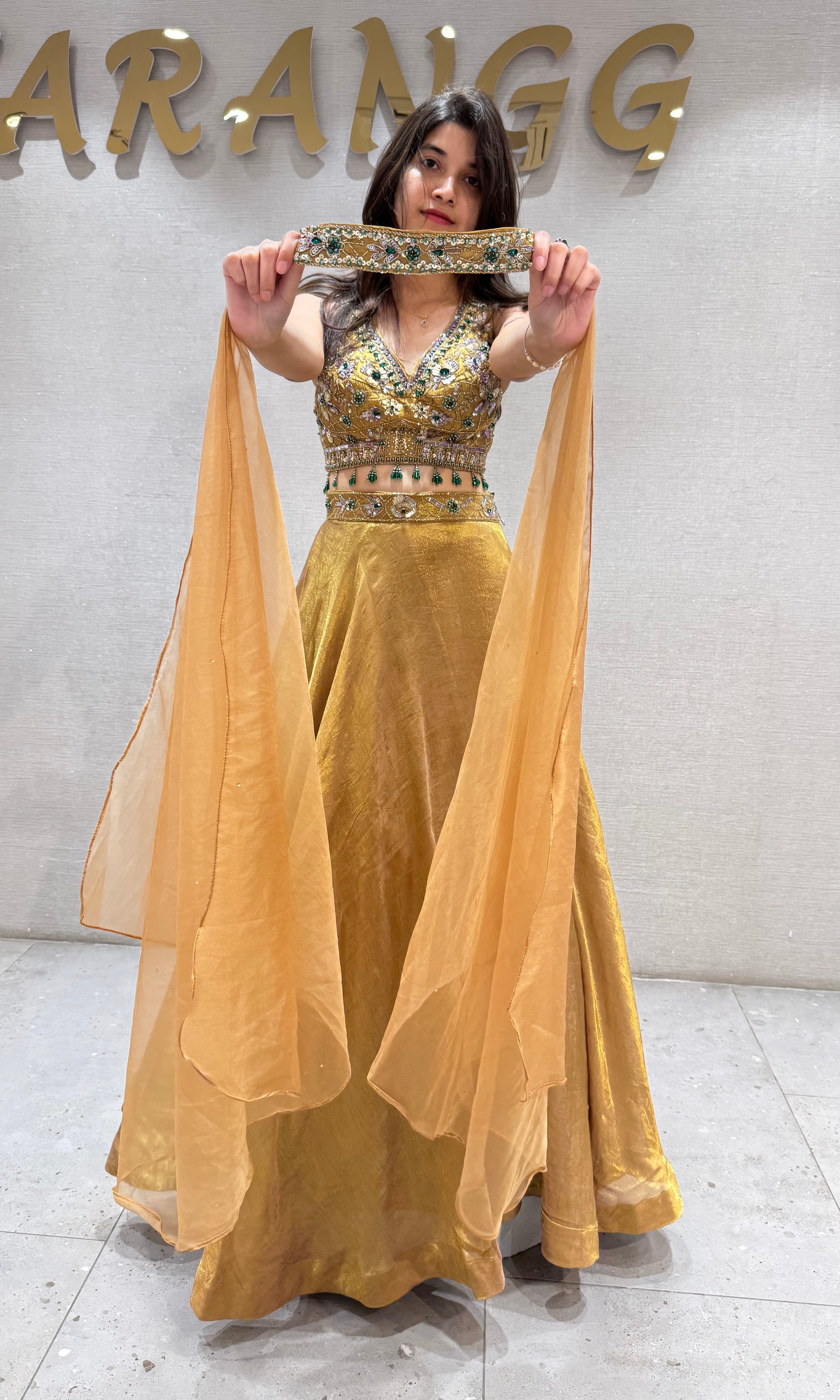 Gold tissue intricate embroidered lehenga