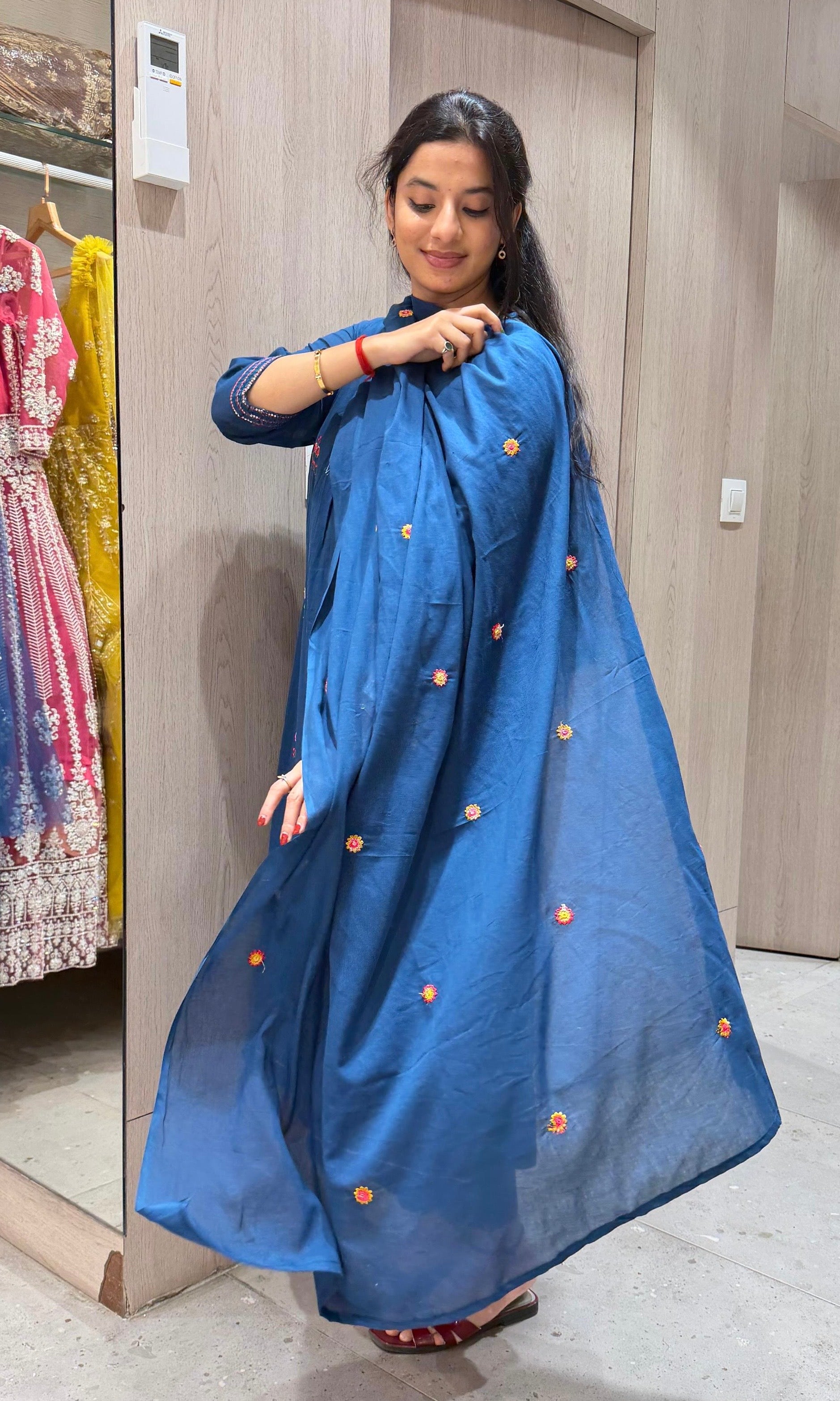 Blue FLORAL EMBROIDERED KURTA SET