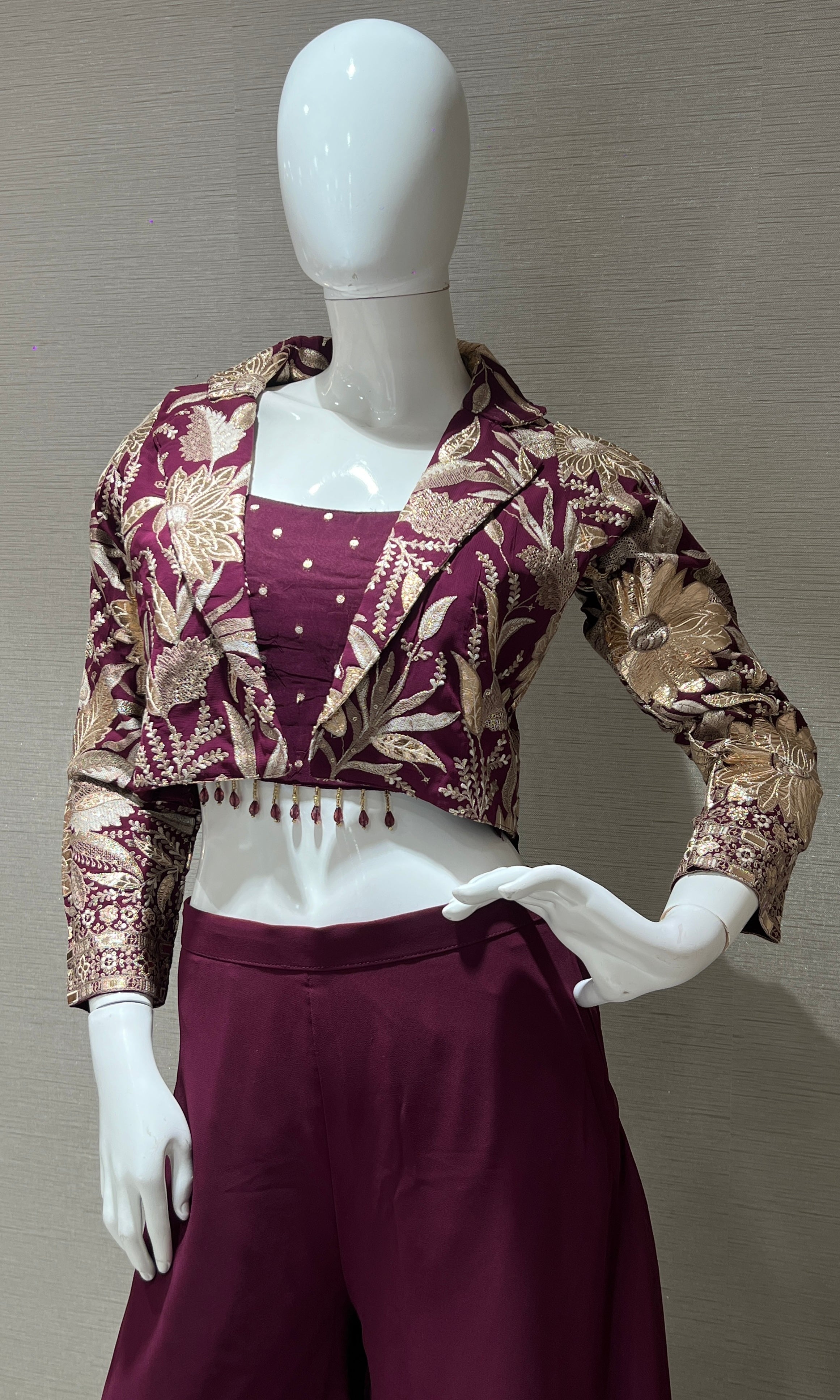 Wine Palazzo set with Embroidered Jacket