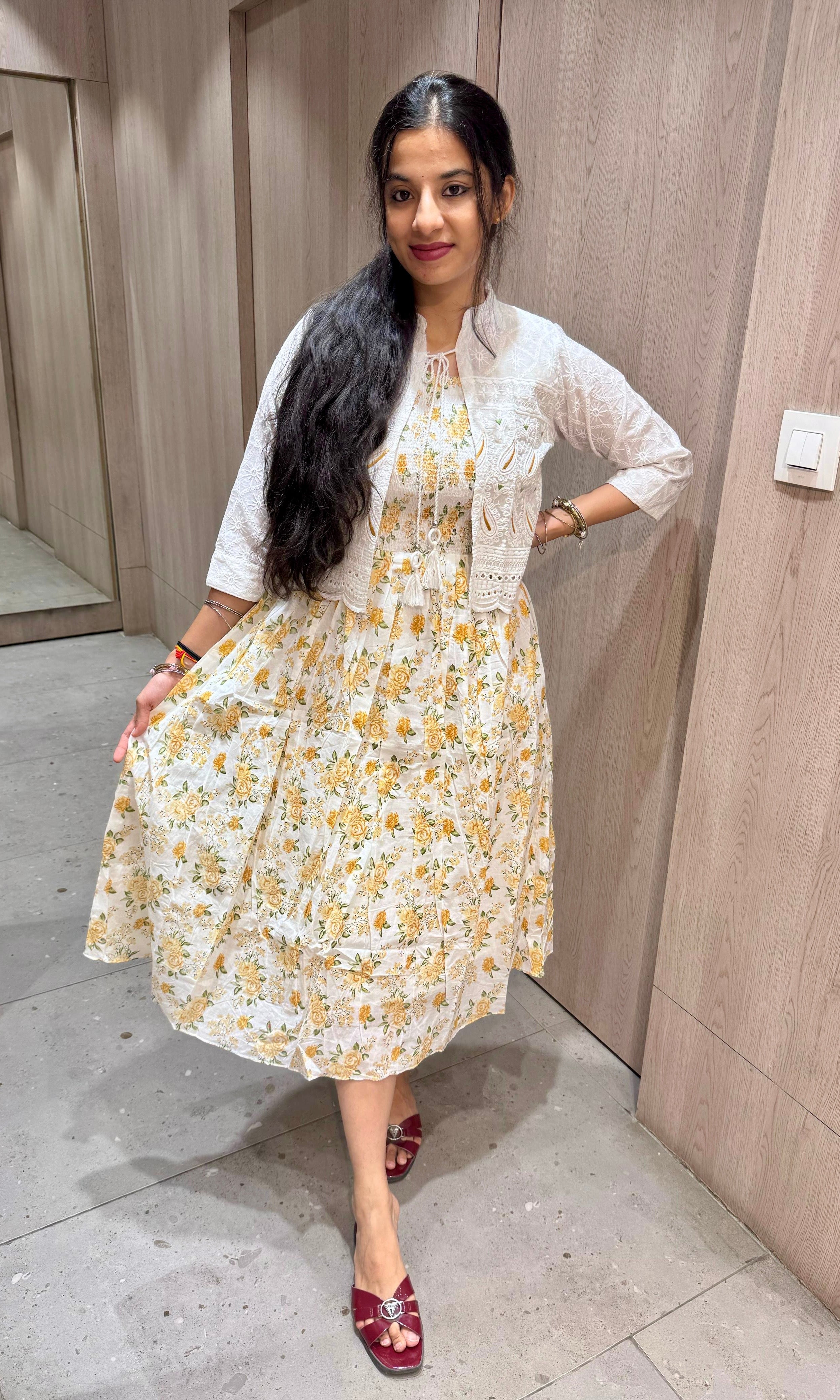 White floral short frock with jacket (k222)