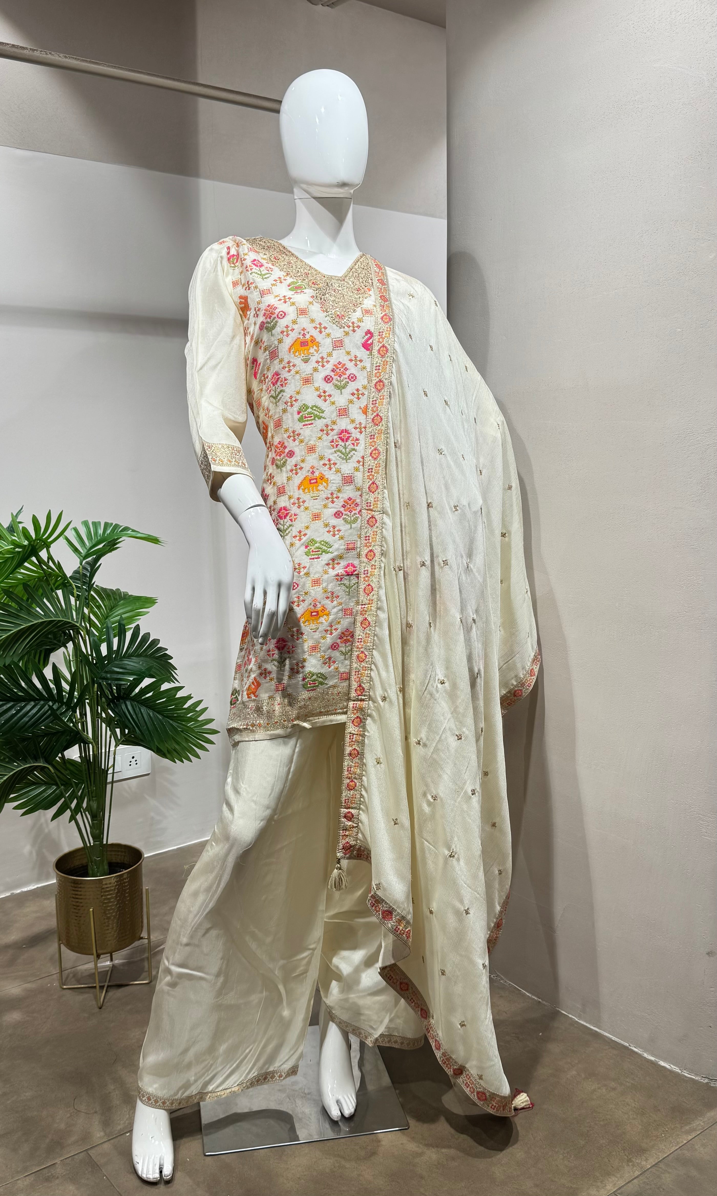 Cream Floral Embroidered Kurta set