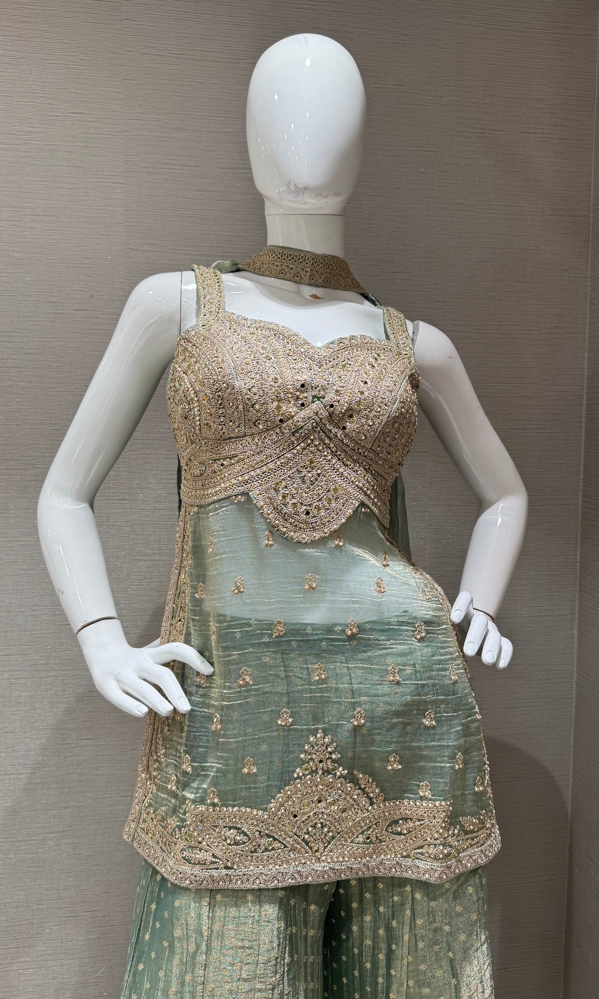 Sage Green Tissue silk Zari Mirror Short Kurti Sharara Set