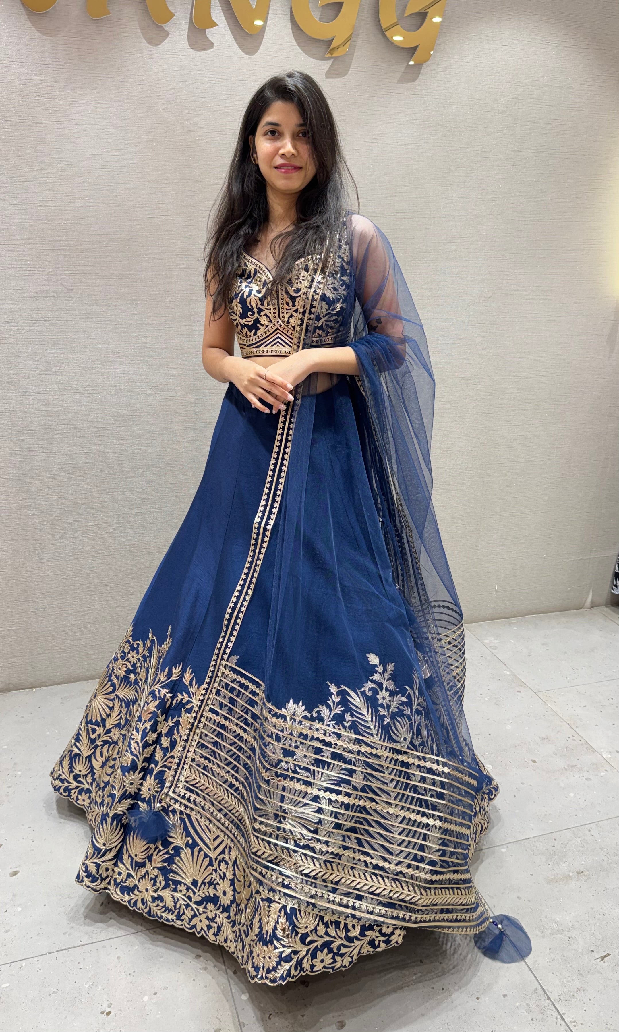 Navy blue GOLDEN FLORAL EMBROIDERED LEHENGA