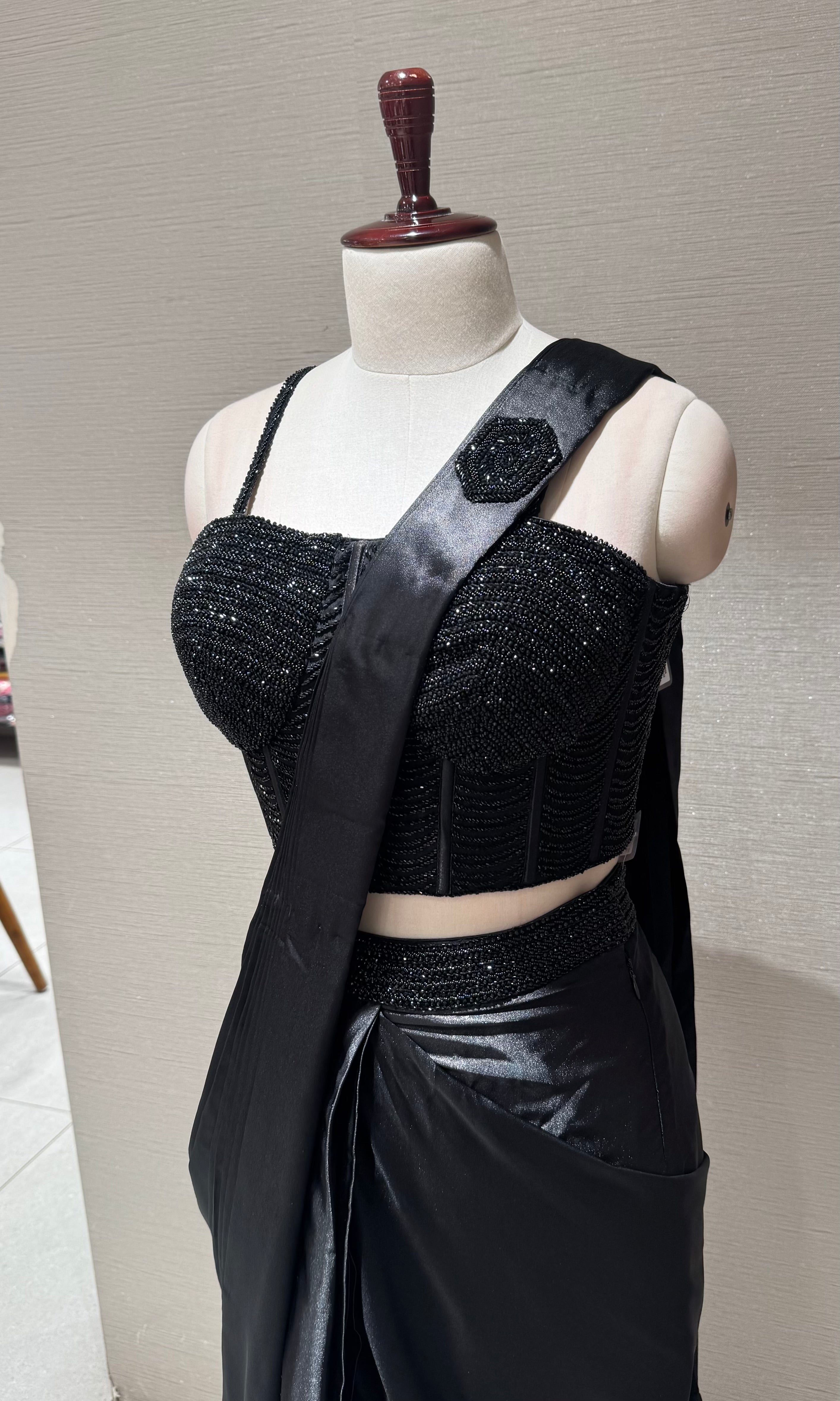 Black Midnight Satin Drape Saree Set