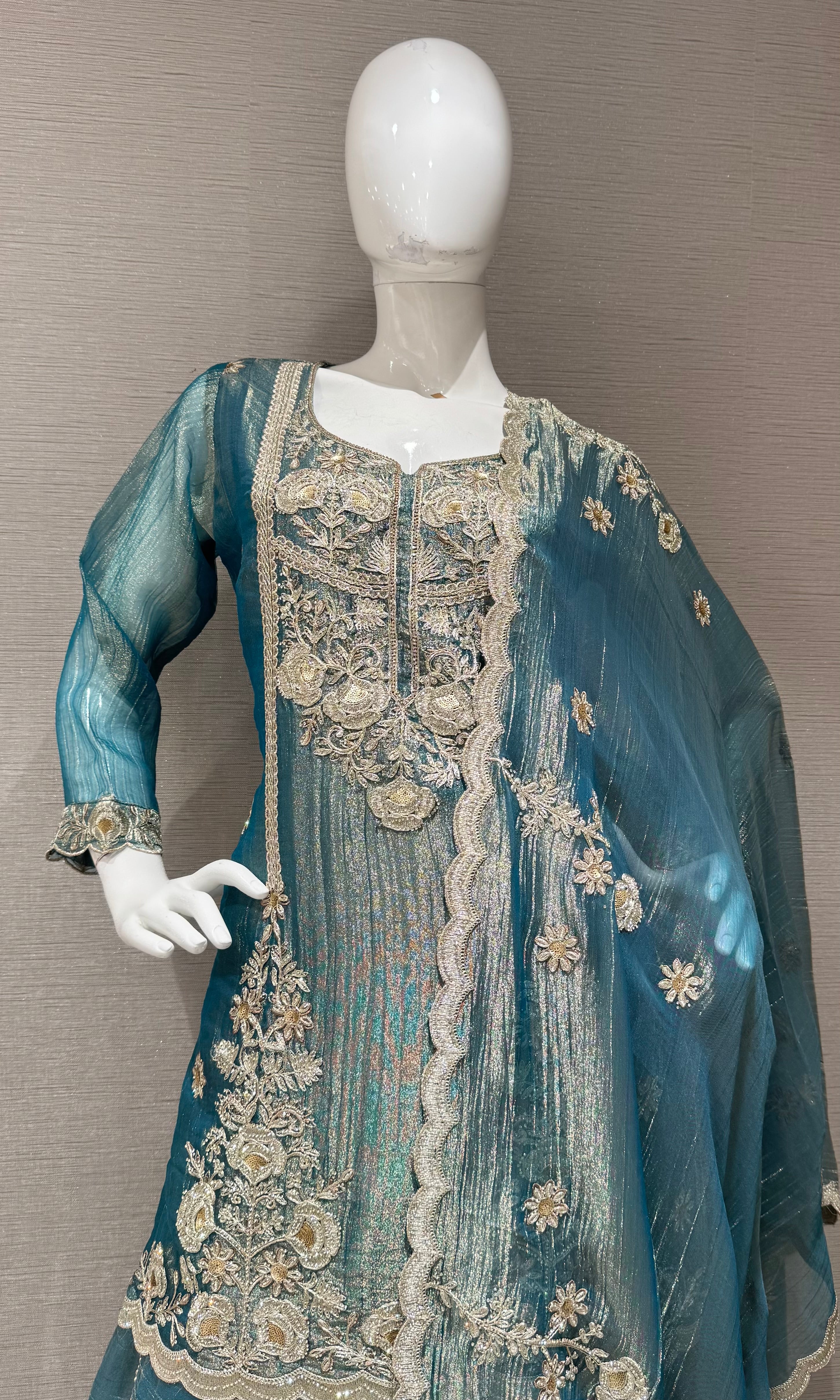 Light Blue Embroidered Sharara set with Sheer Dupatta