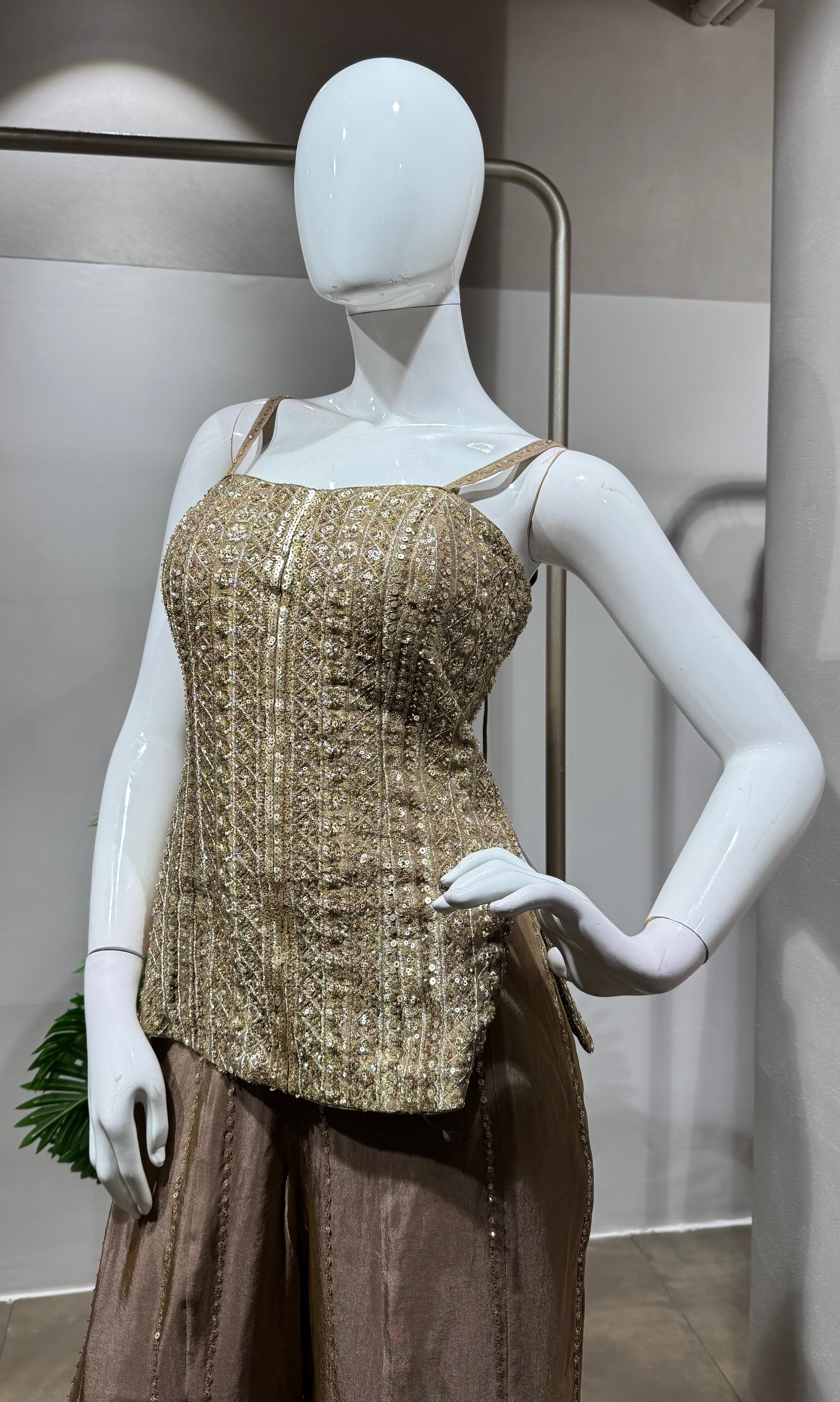 gold mirror work embroidered sharara set