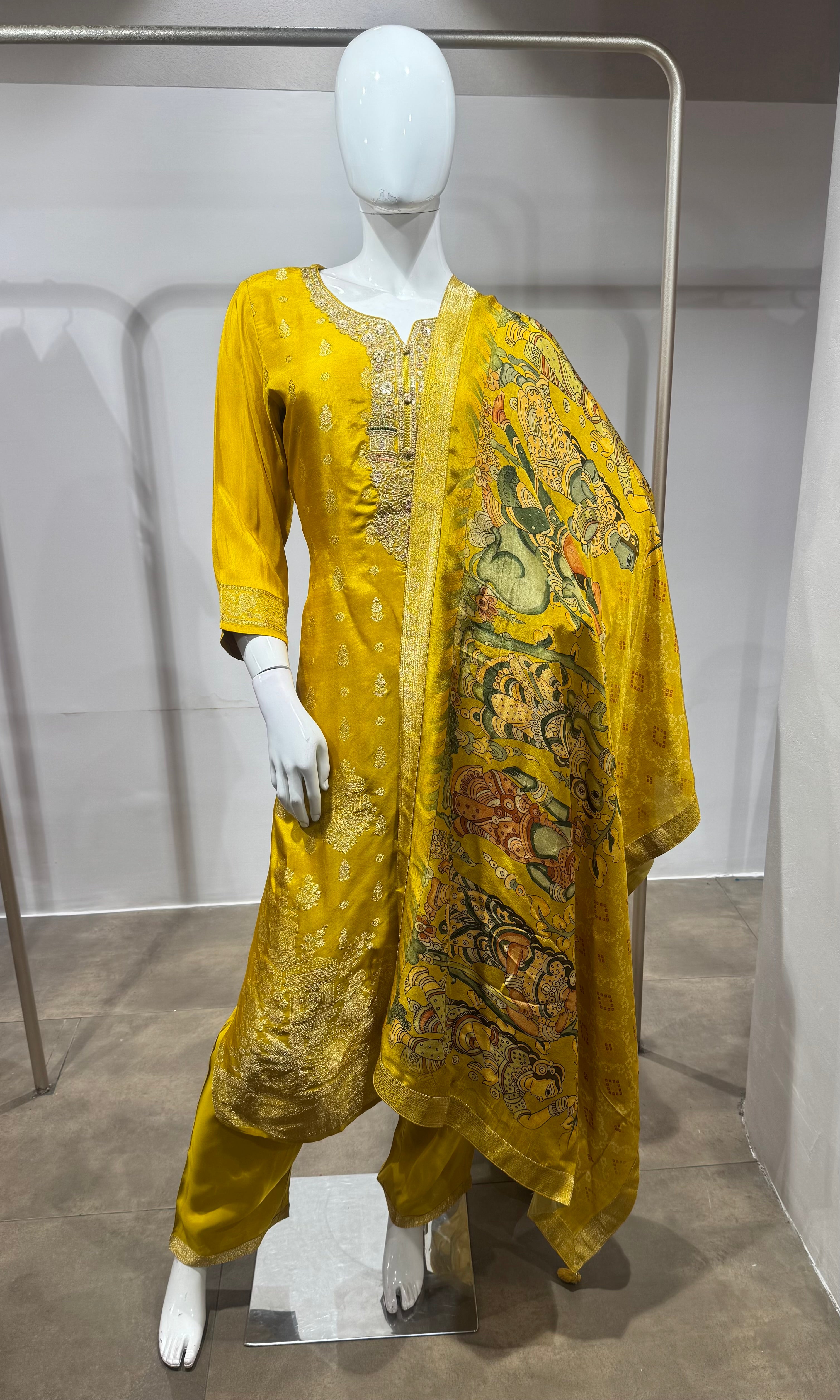 Mustard Yellow Floral Embroidered Kurta Set