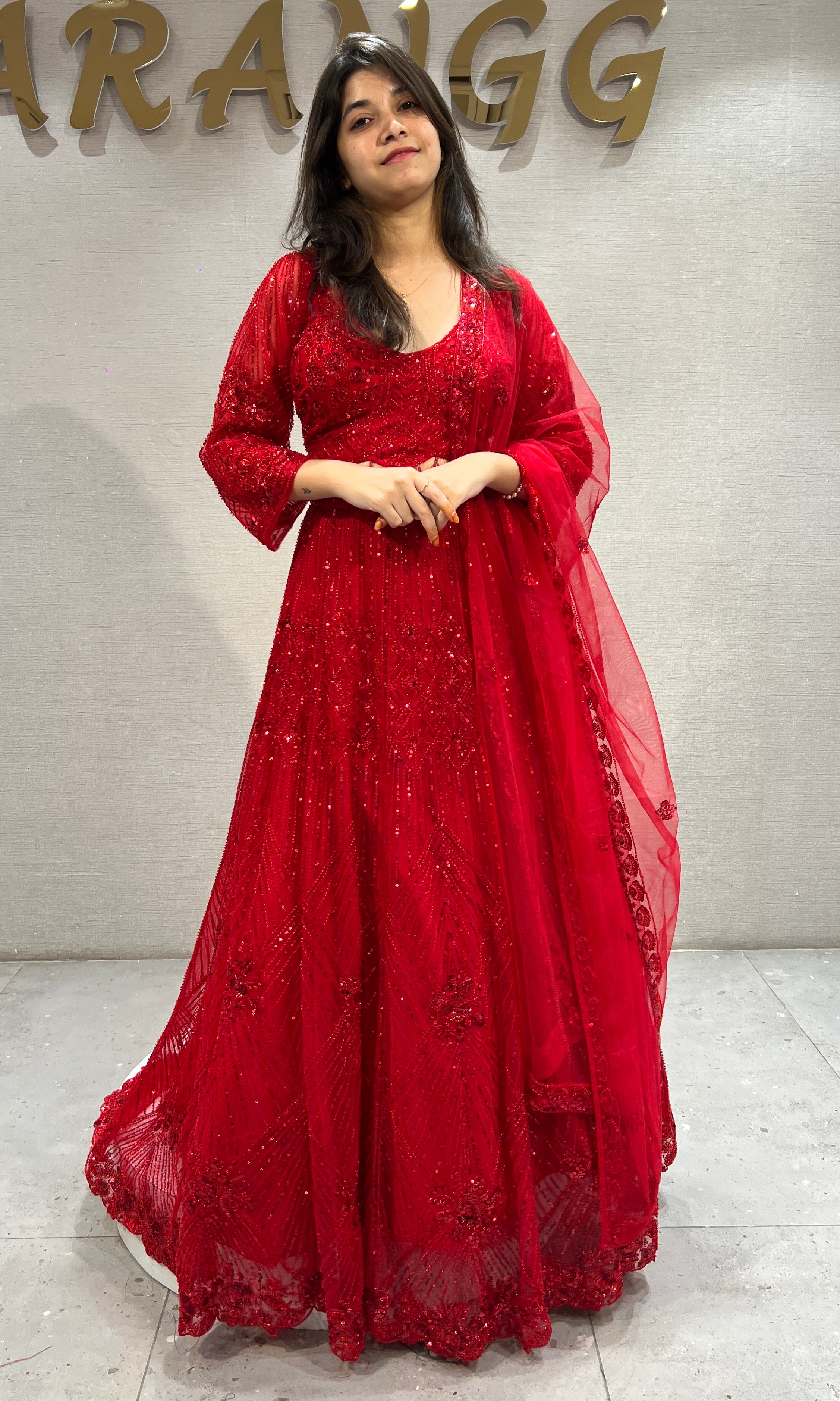 Red Embellished Lehenga set with Sheer Dupatta