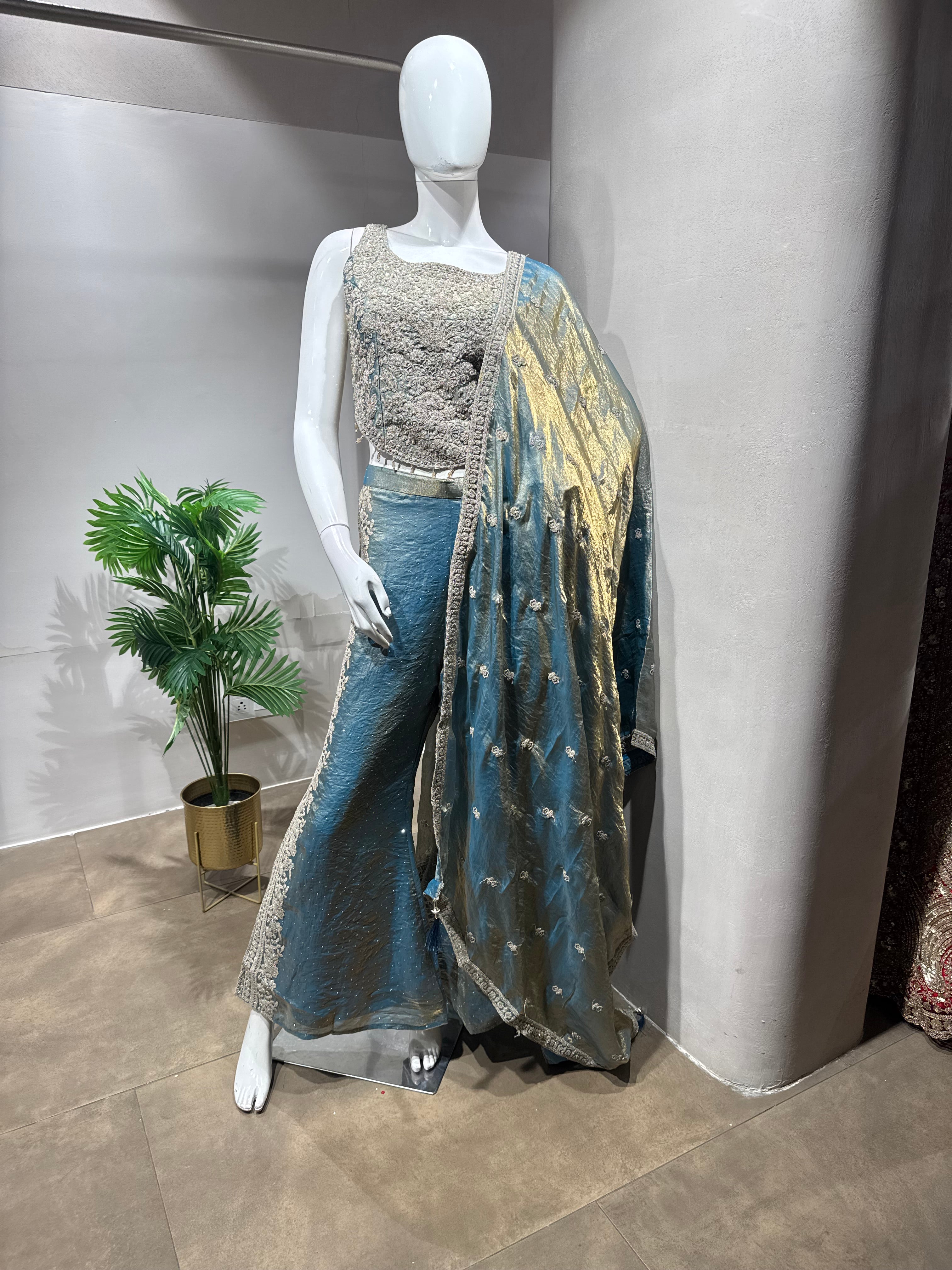 Blue golden Embroidered Tissue palazzo Set