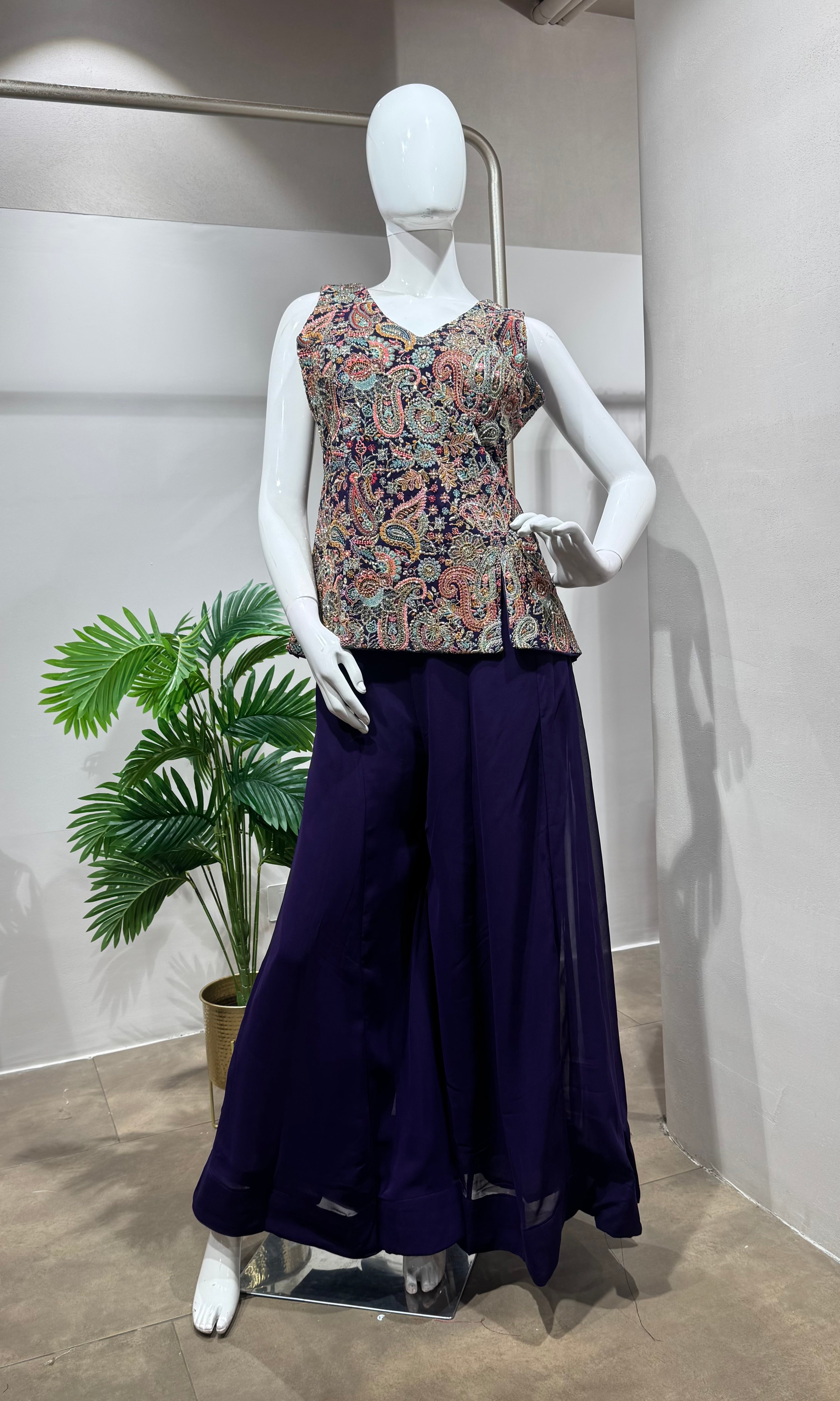 Purple embroidered georgette palazzo set