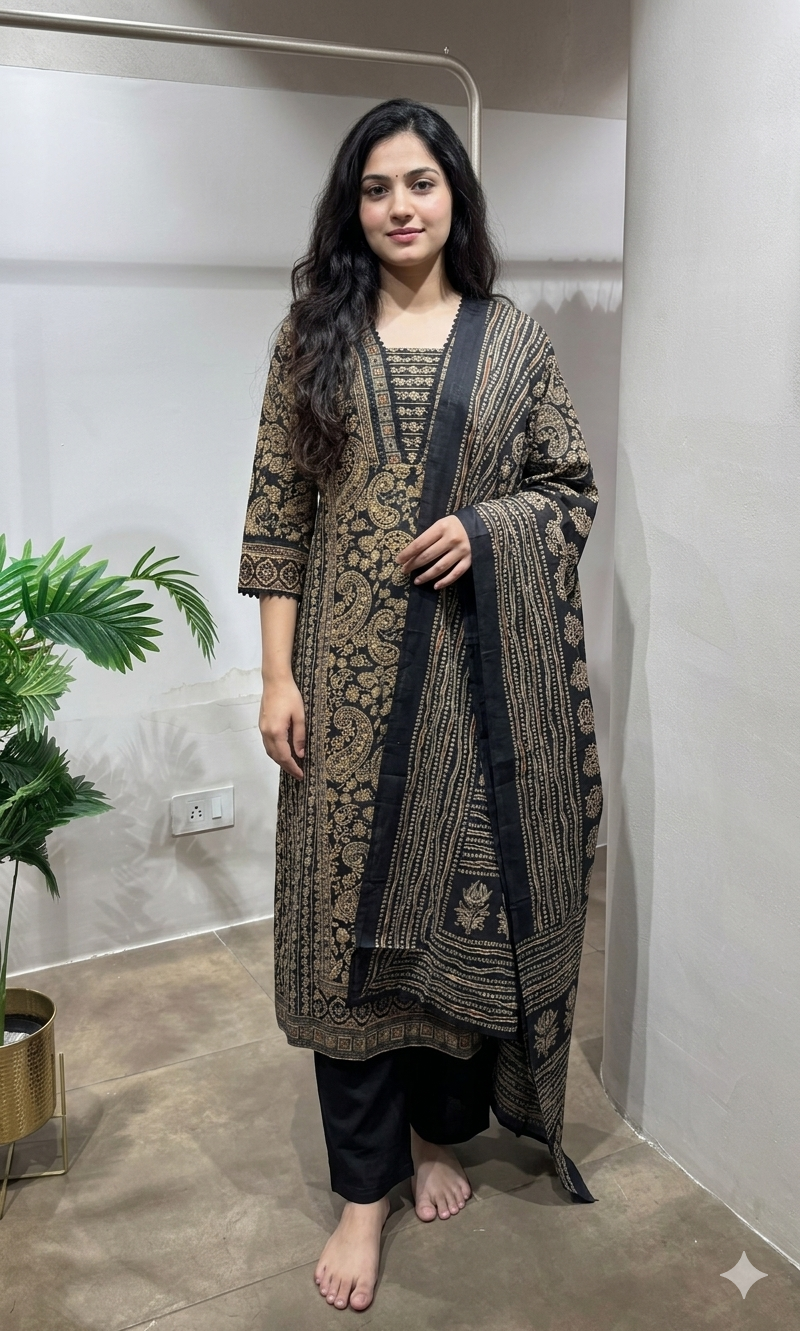 Black golden printed embroidered kurta set