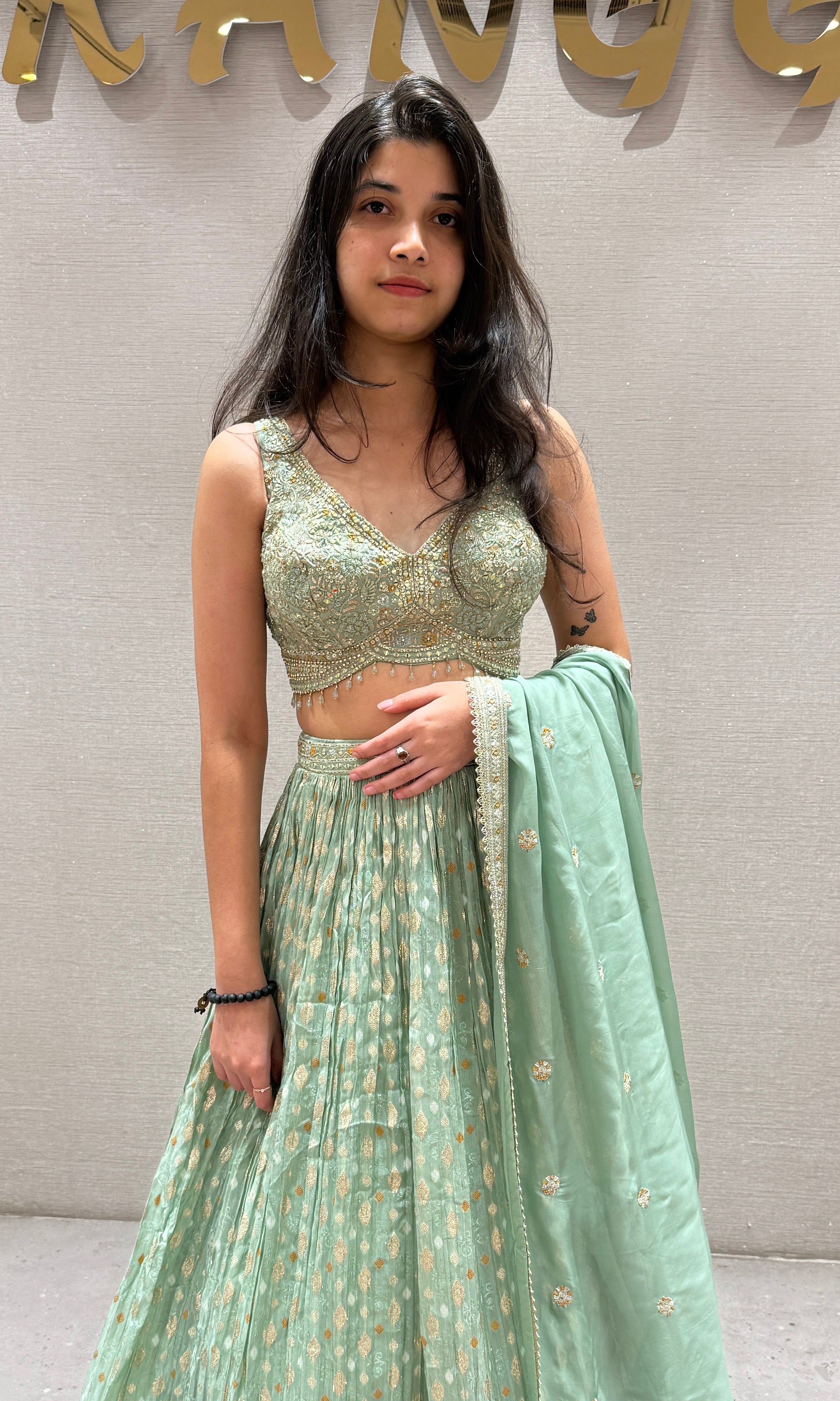 Pista Green Gold Woven Lehenga Ensemble