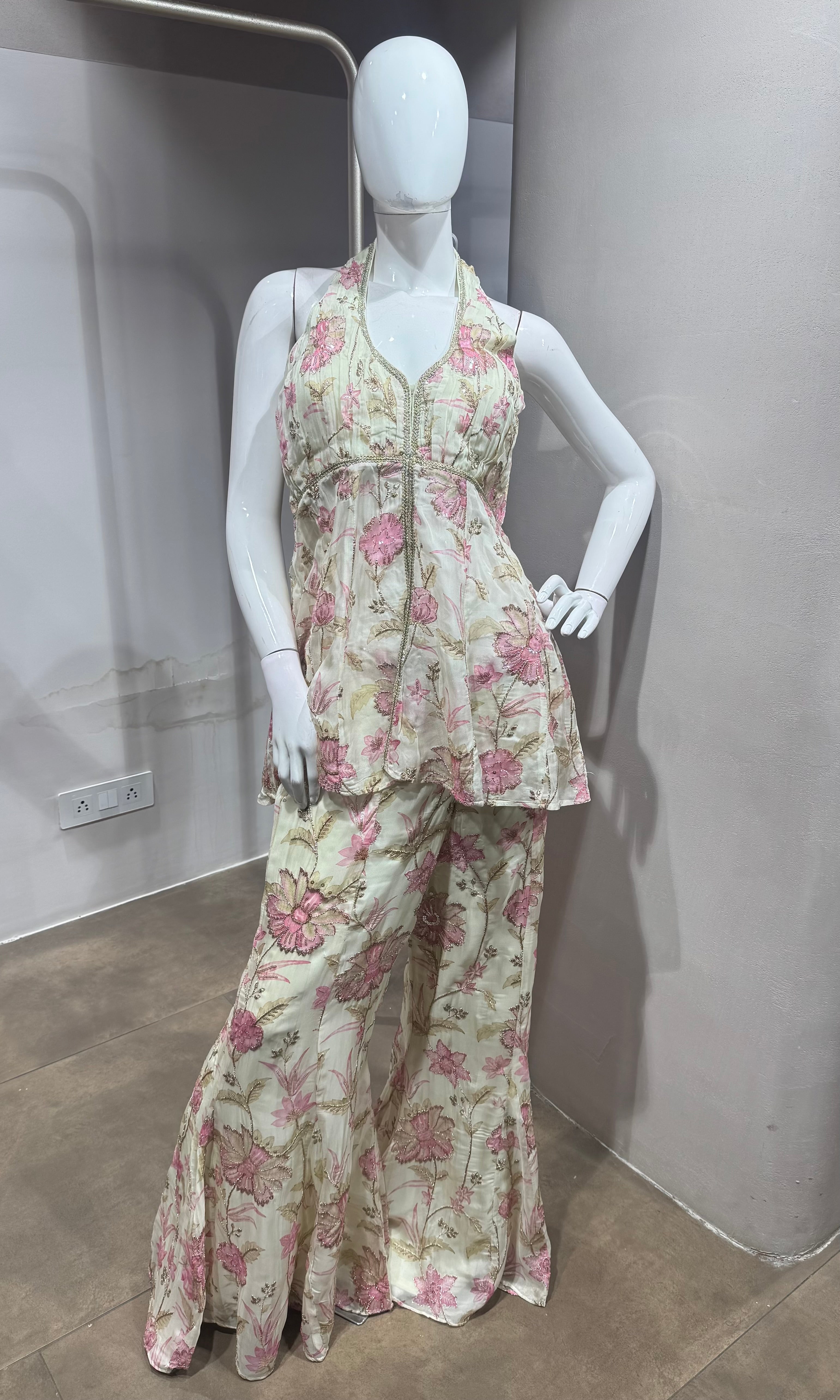 Ivory Floral Halter Peplum palazzo Set