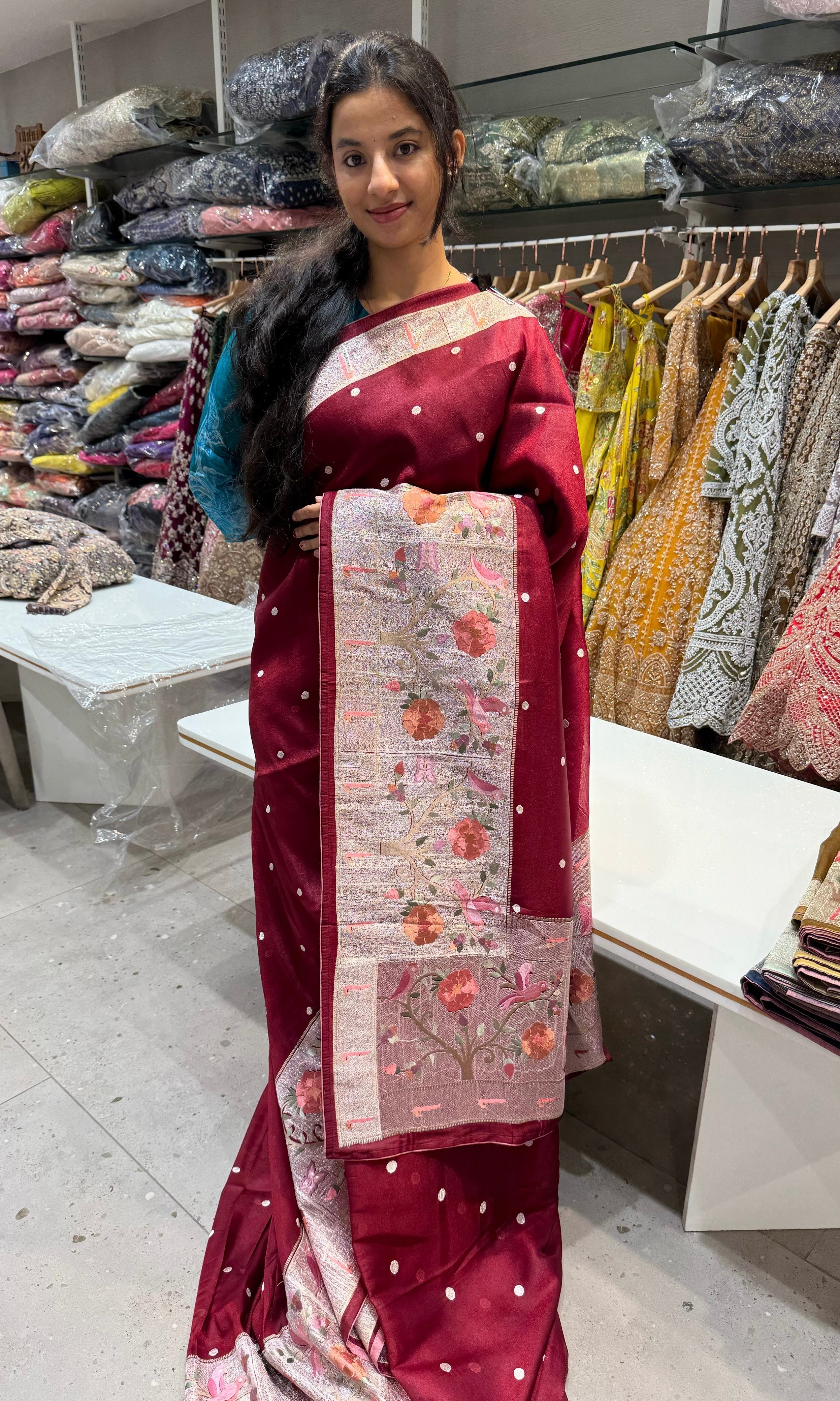 Maroon Soft tissue sarees with paithani embroidery with buta design
