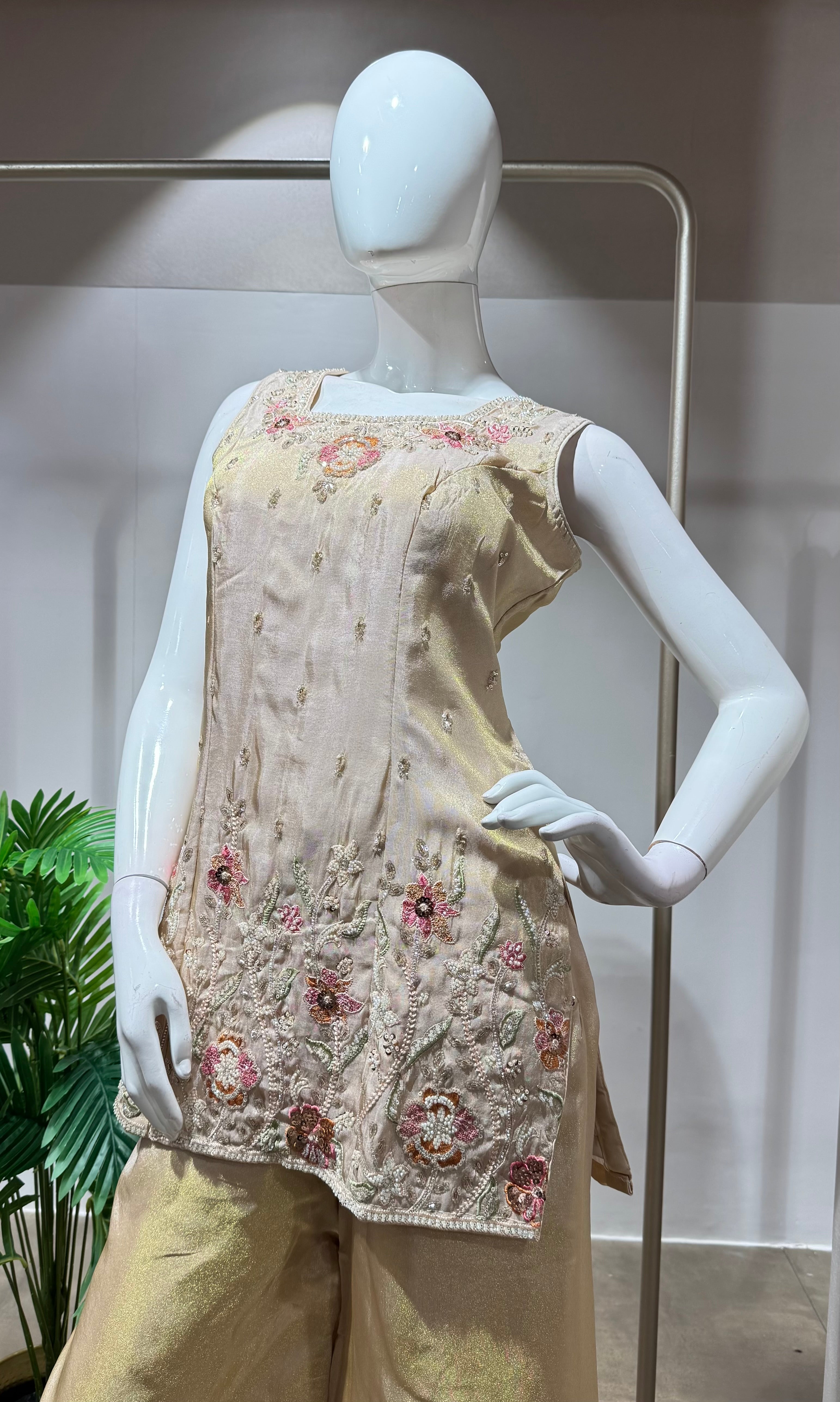 Peach shimmer gold tissue floral embroidery sharara