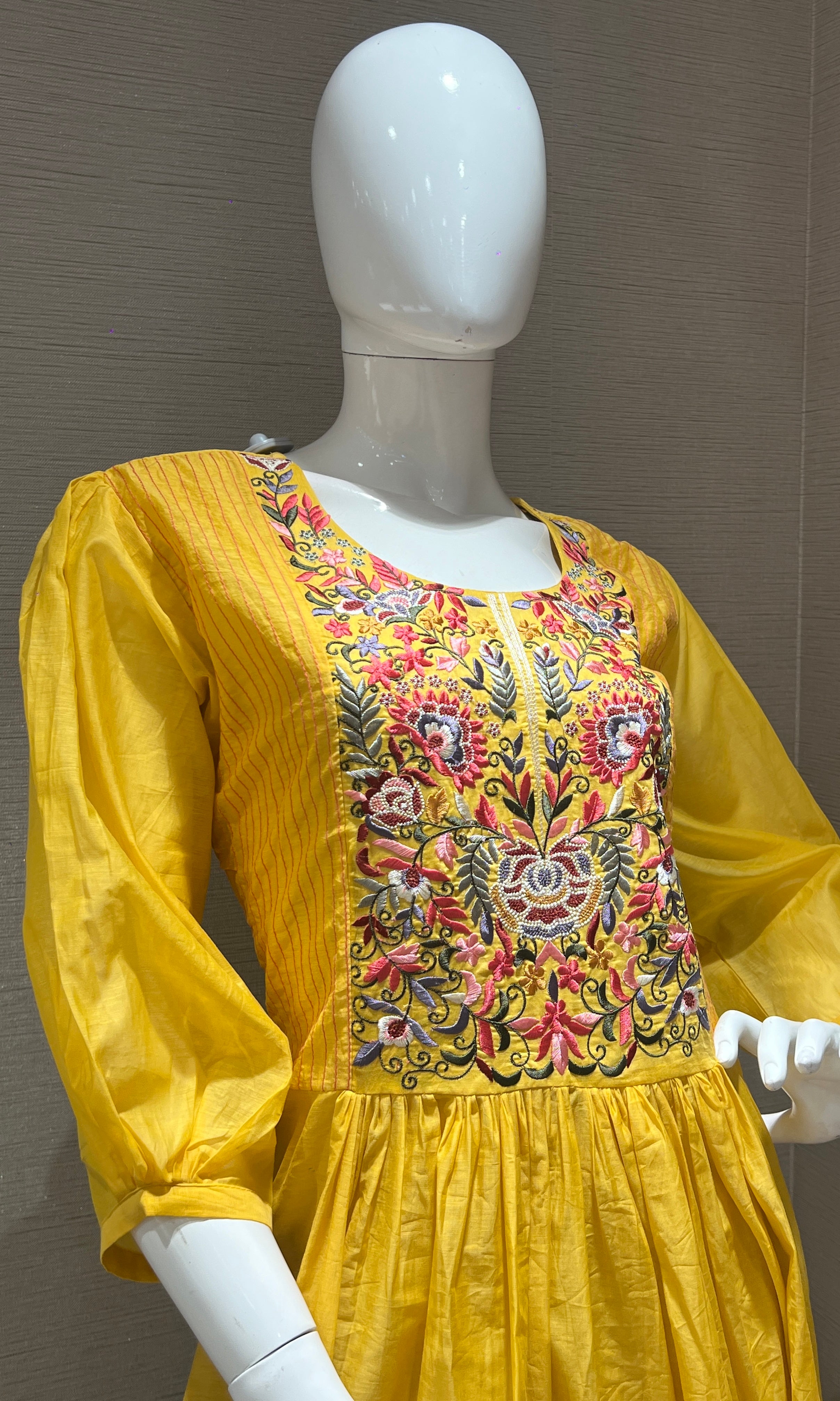 Yellow mul Chanderi Anarkali kurta set
