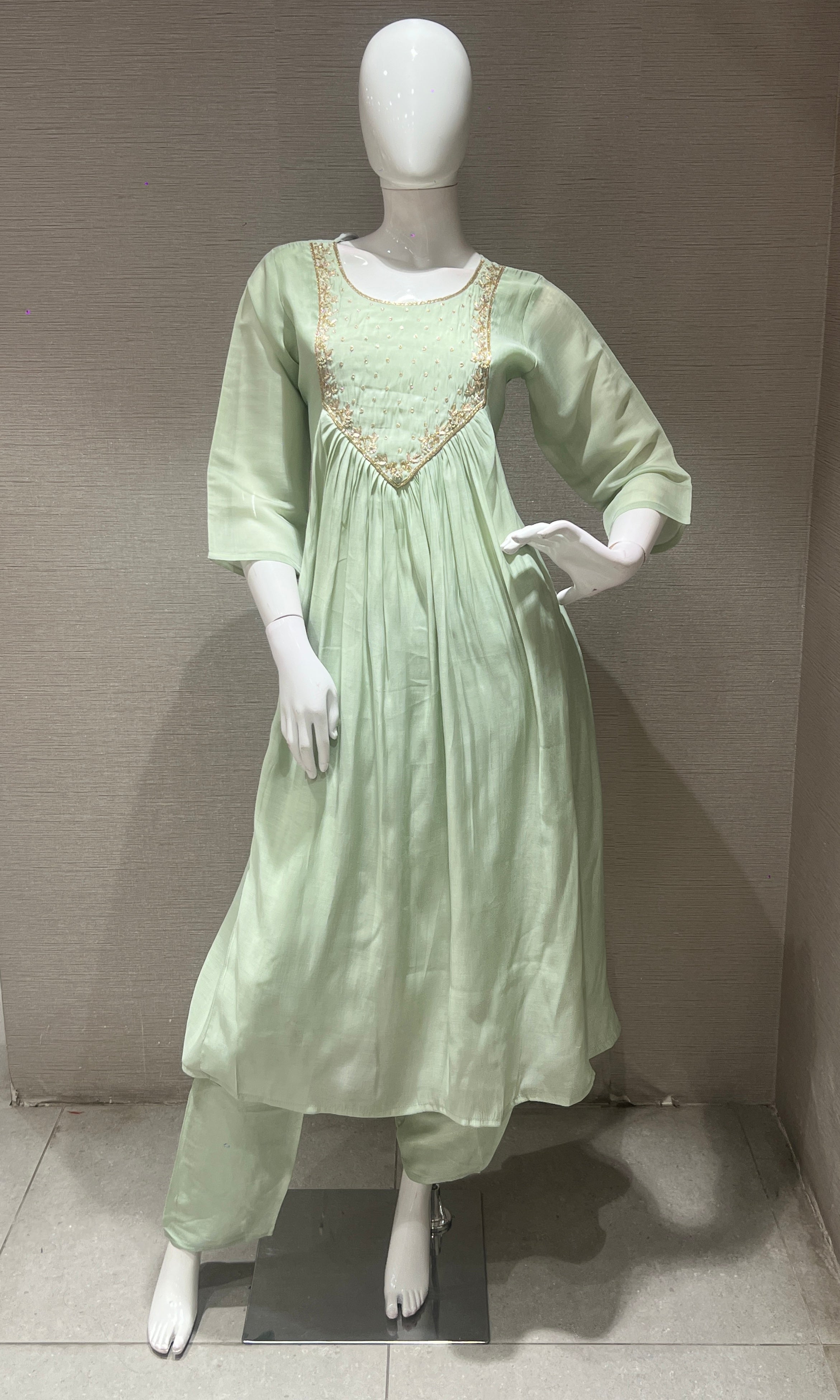 Pista green MUL CHANDERI kurta set