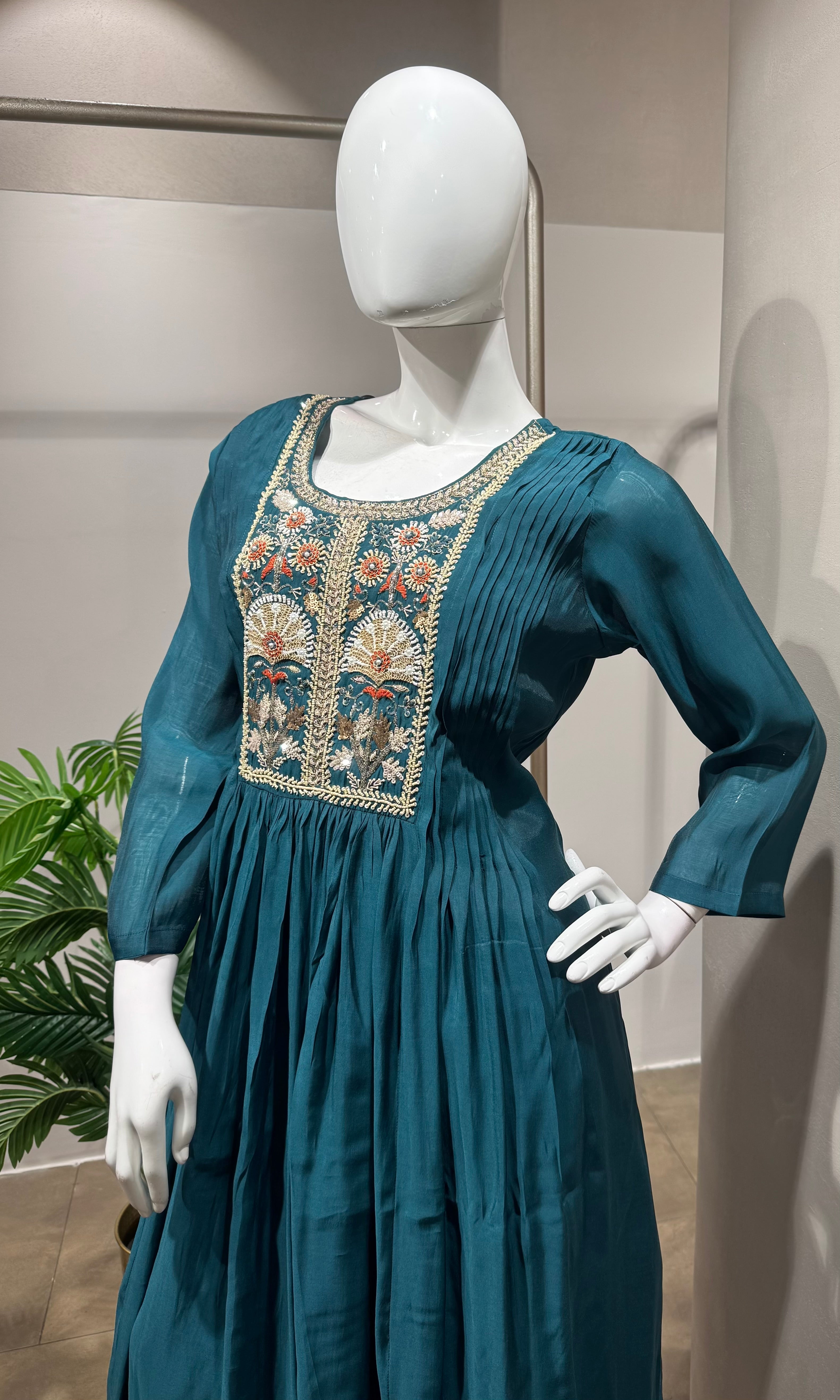 Teal blue embroidered kurta set