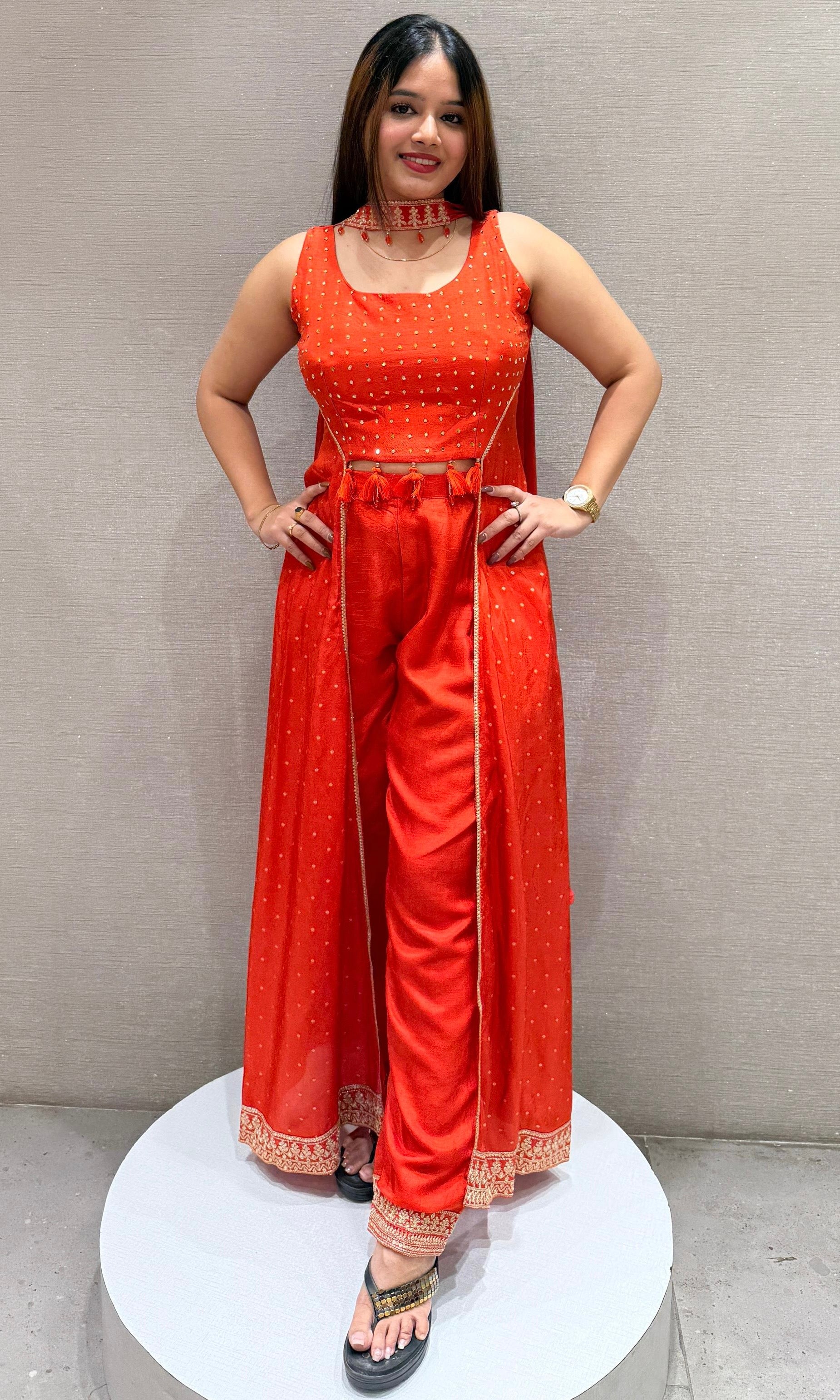 Orange 3 Piece Indo-Western dress (Crop Top with Plazzo)