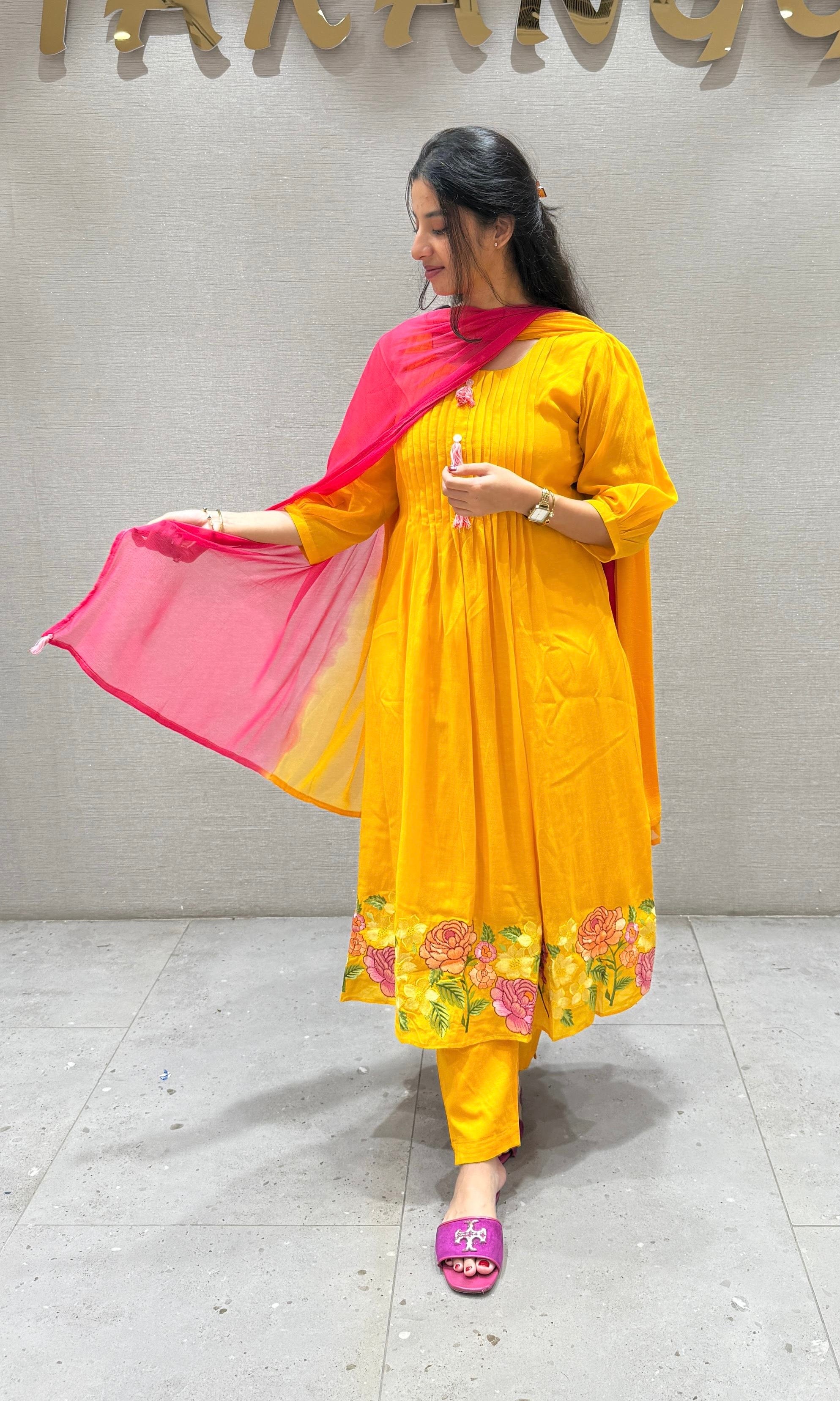 Yellow Flower Mul Chanderi kurta set