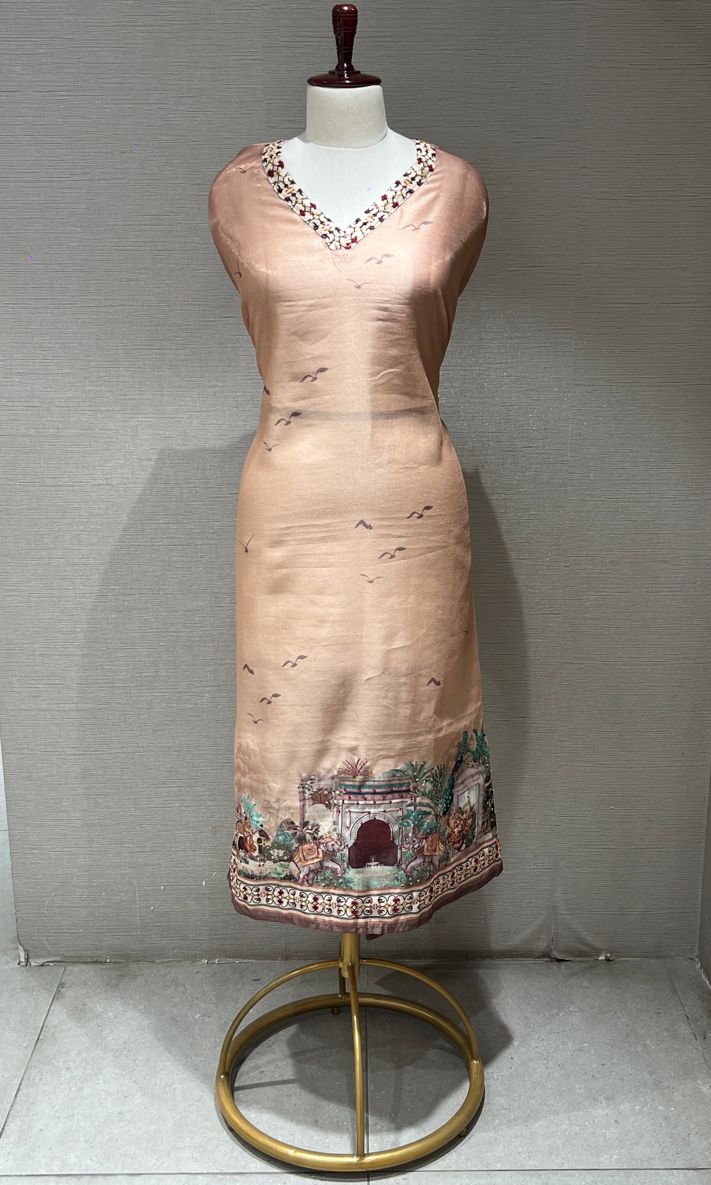 Gold floral embroidered dress material