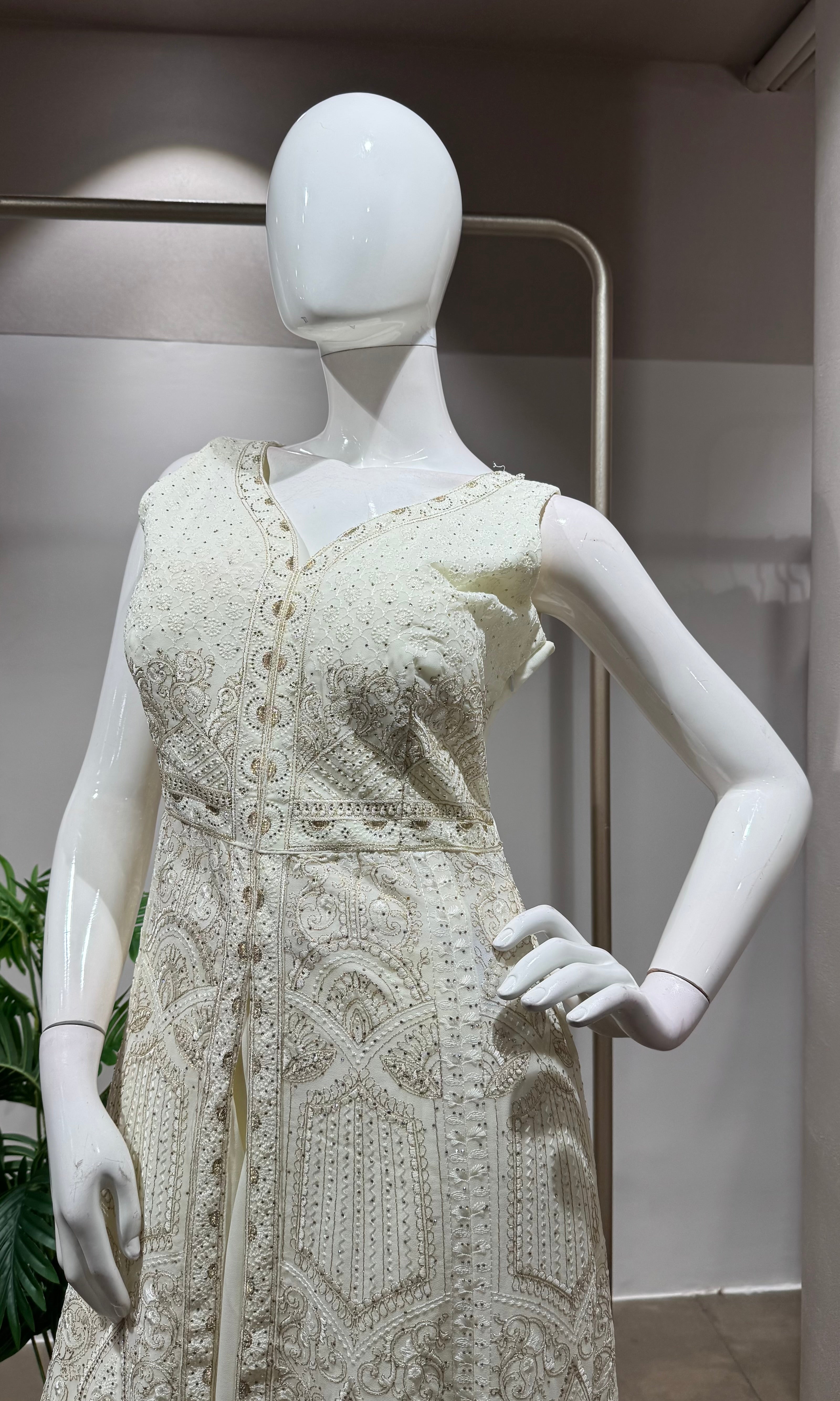 CREAM FRONT SLIT ANARKALI & PALAZZO SET