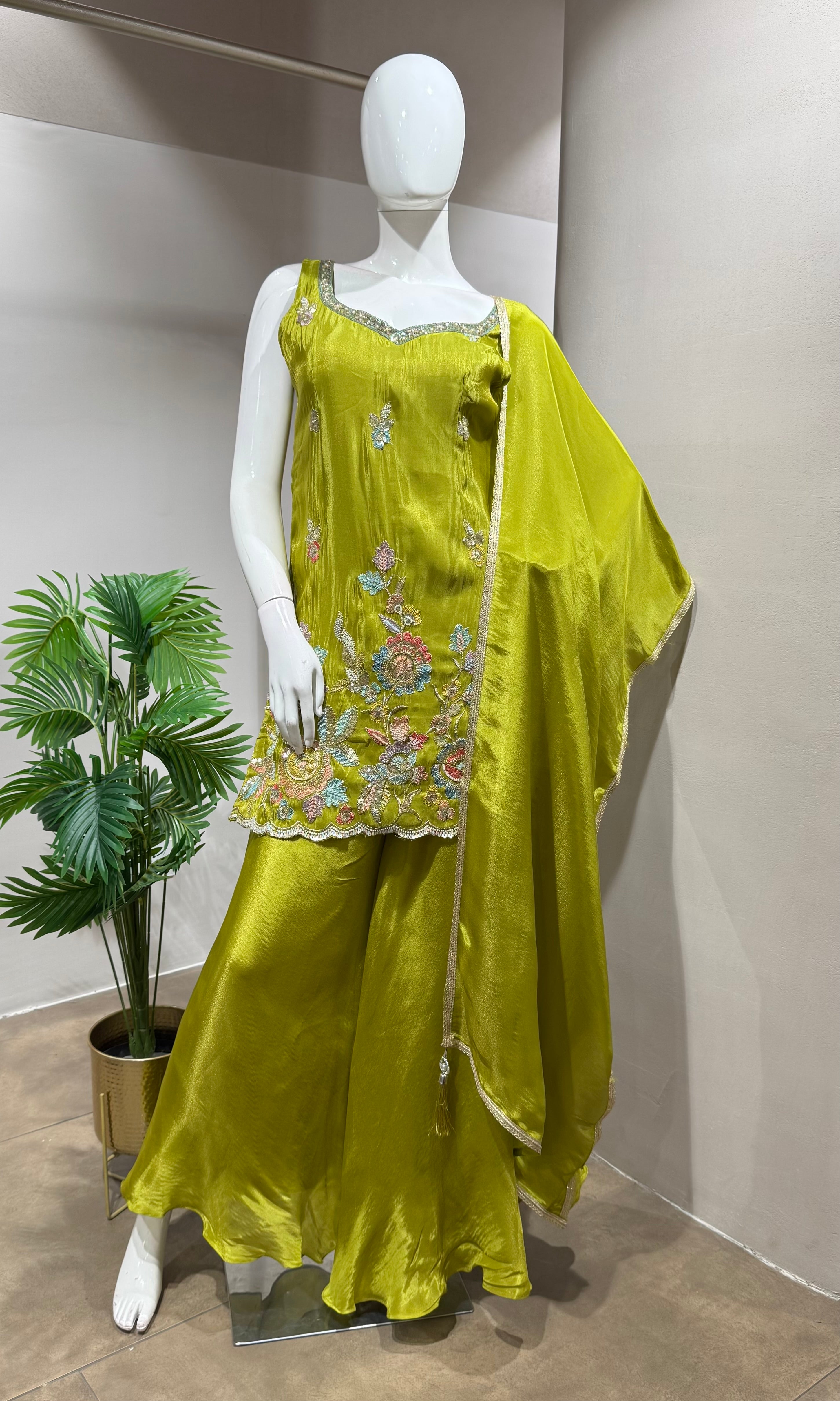 GREEN Floral Embroidered SHARARA SET