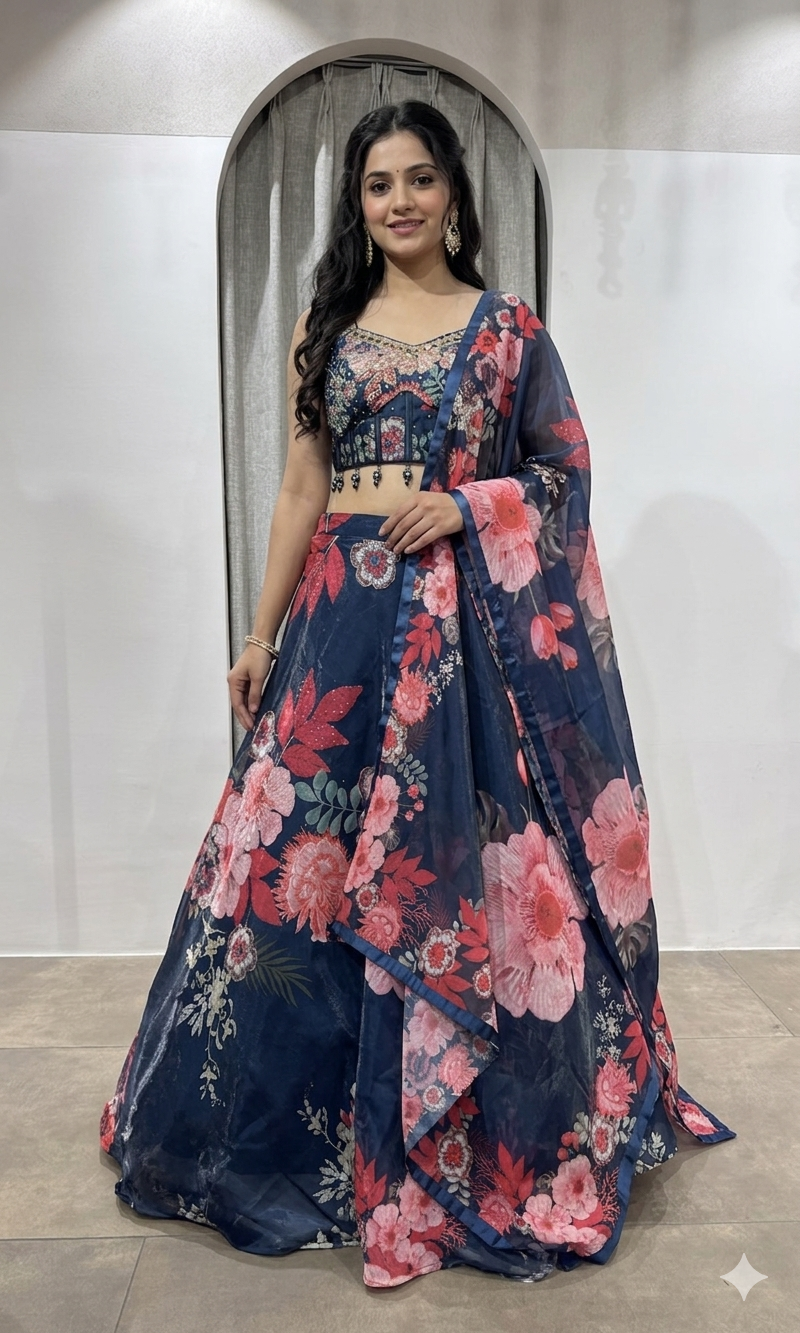 Navy Blue Floral Symphony sharara Set