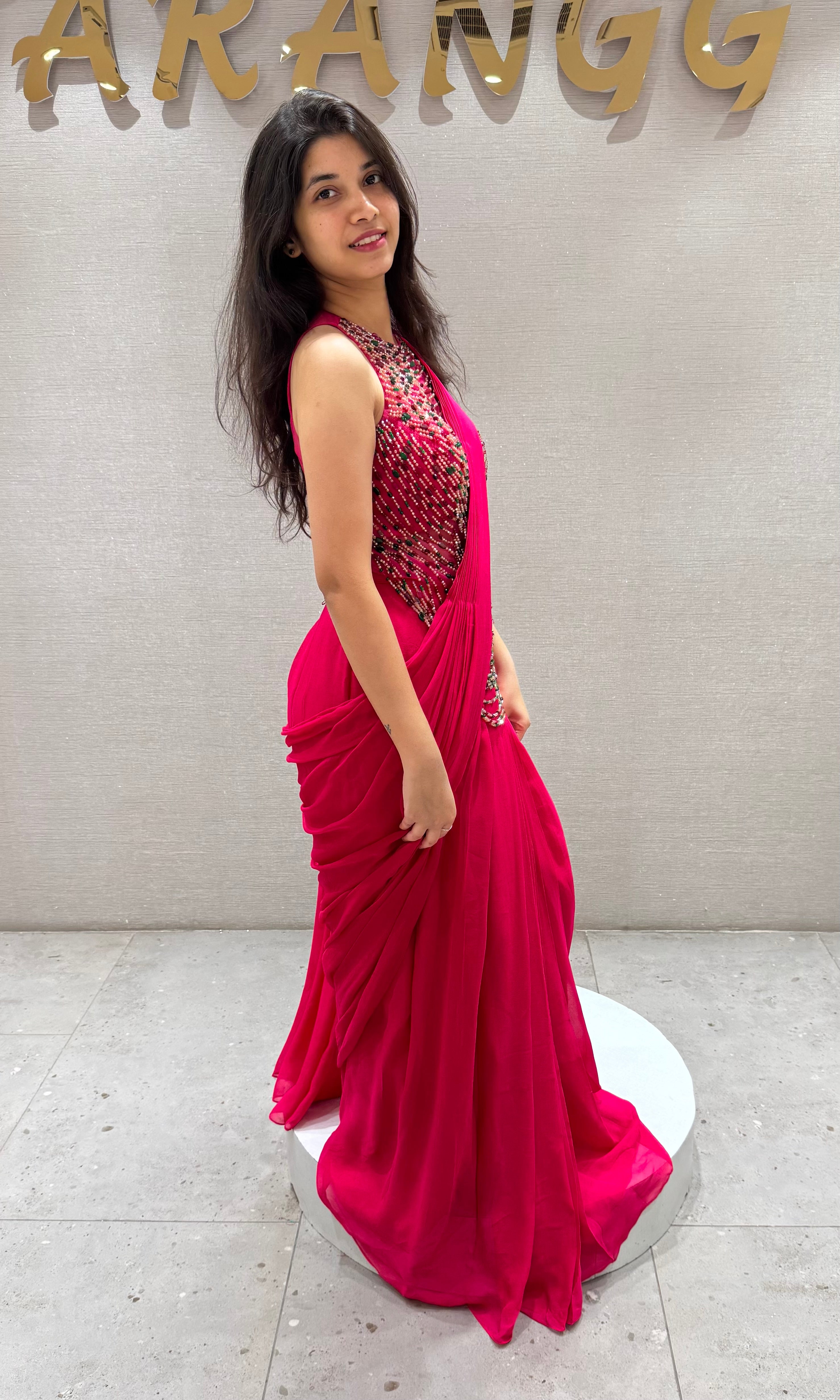 Pink DRAPE SAREE WITH HALTER BLOUSE
