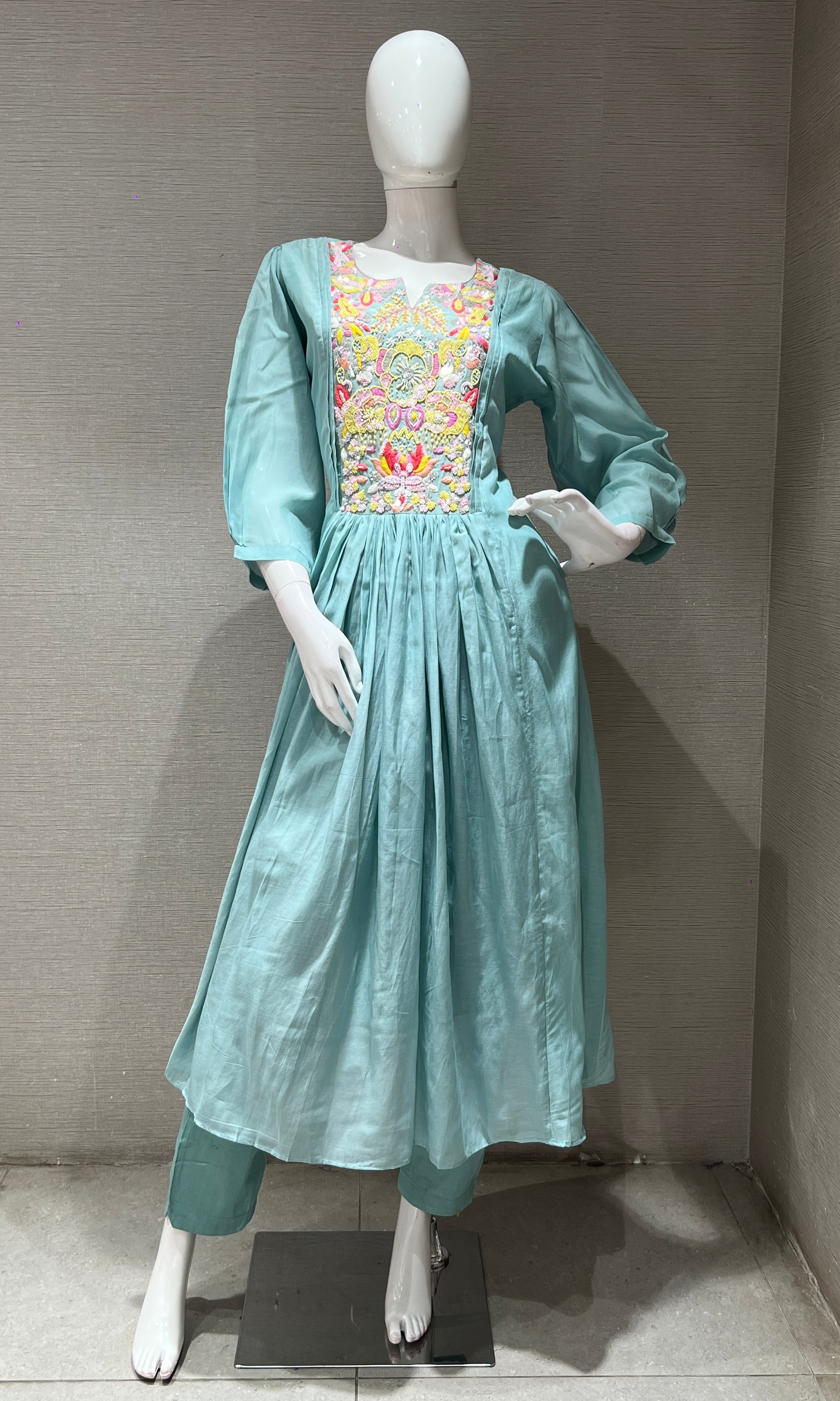 sea blue floral work mul chanderi kurta set
