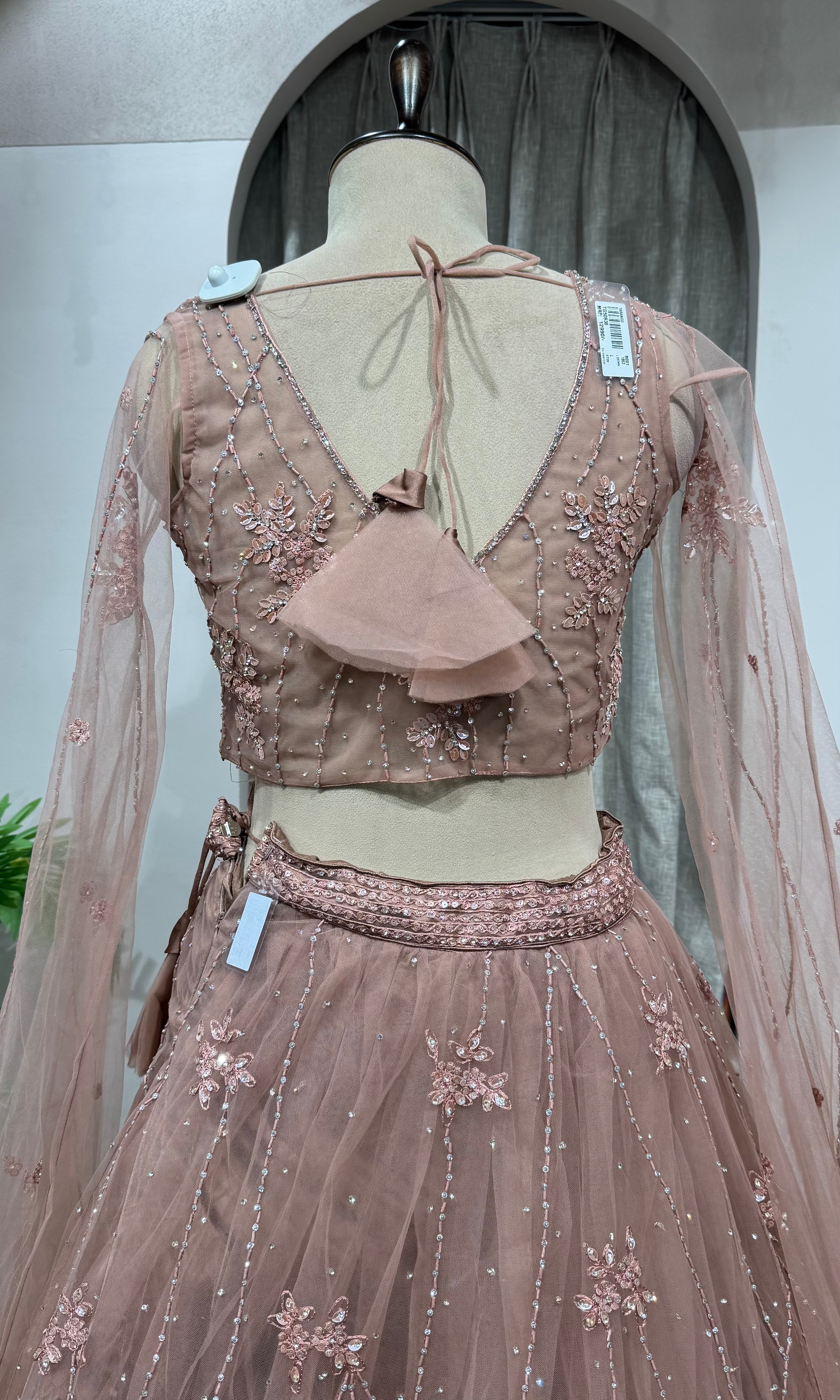 BROWN FLORAL EMBROIDERED NETTED CROP TOP LEHENGA