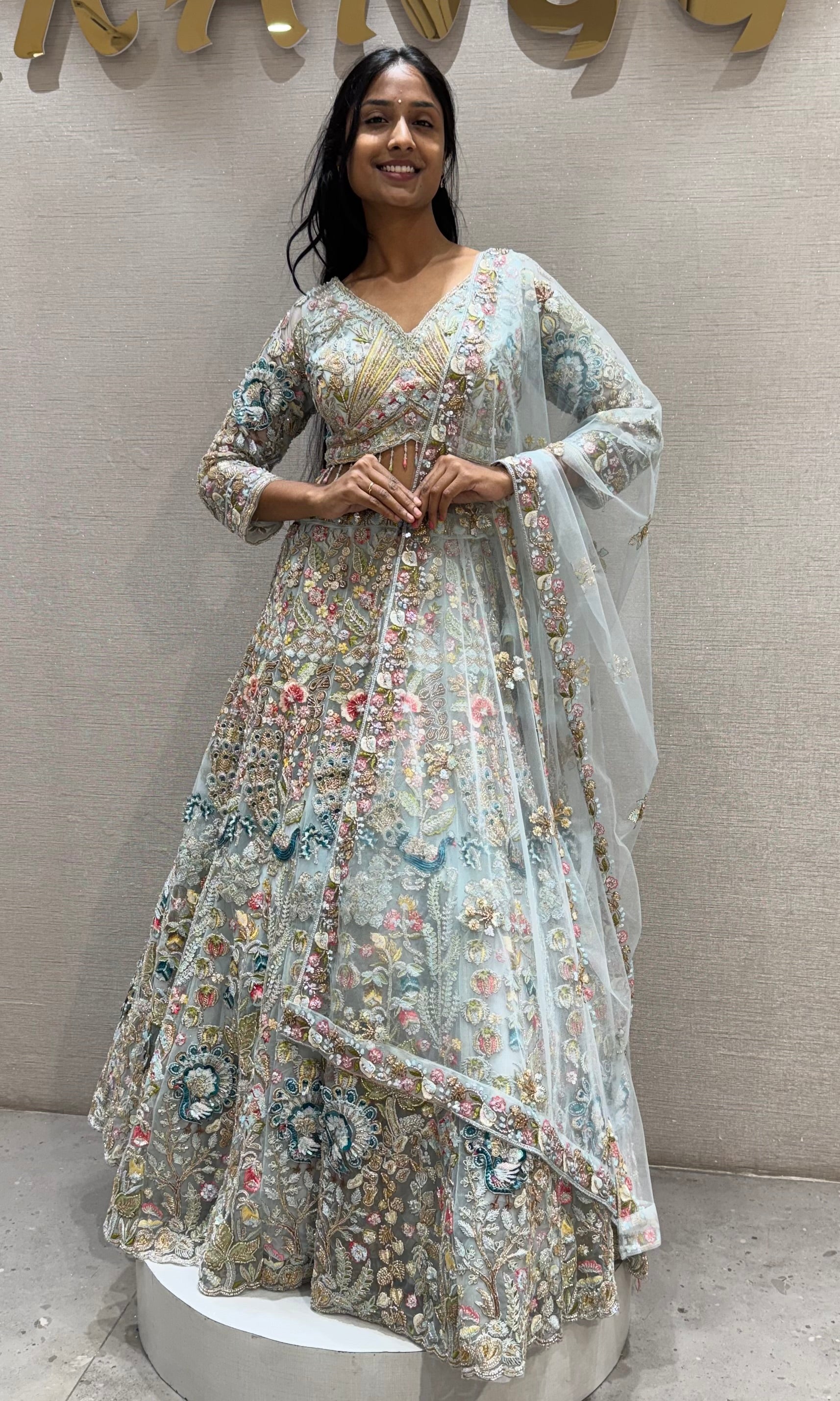 Mint Blue Multi-Color Floral Designer Bridal Lehenga