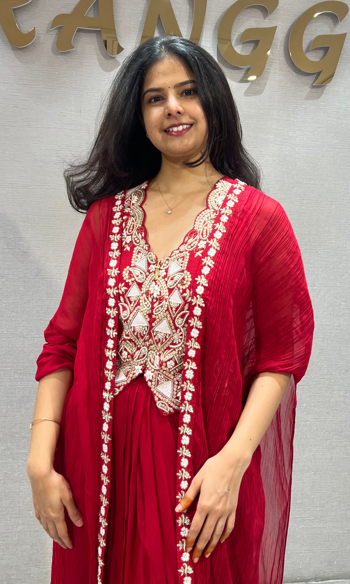 Red Embroidered Georgette skirt with Jacket & Shrug